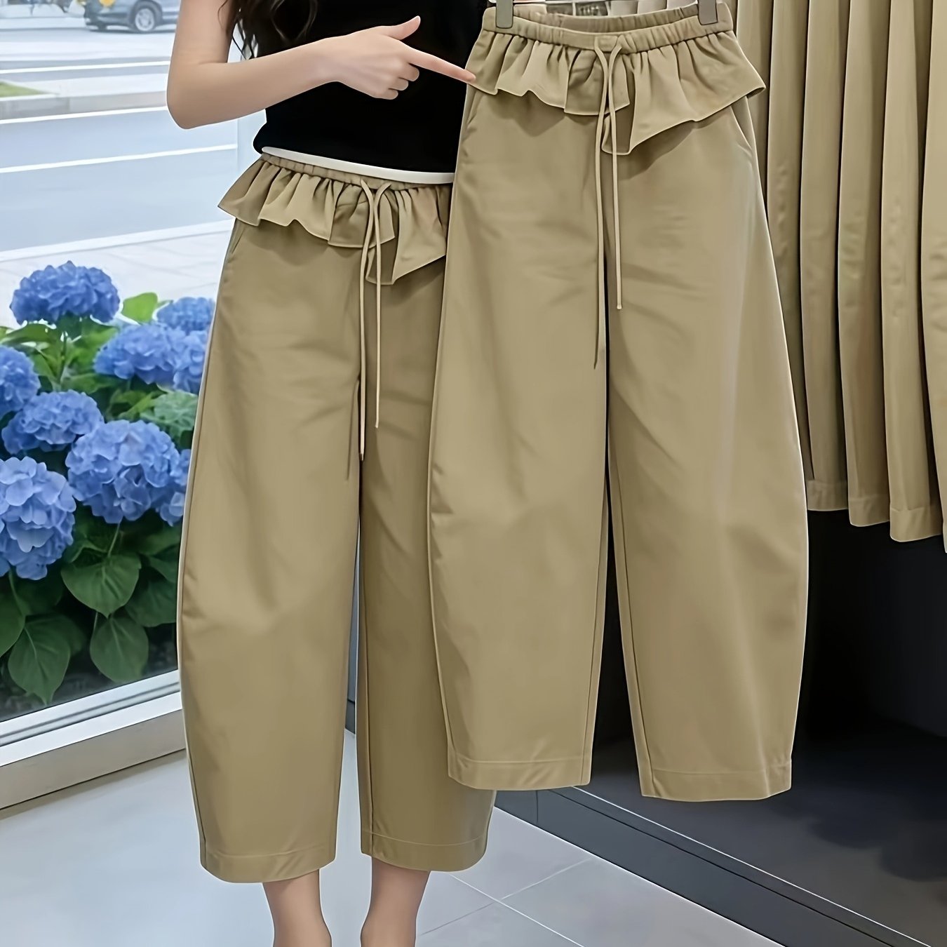 TEMU 【製品名】レディース フリル カフス パンツ カジュアル オールマッチ ゴムウエスト アンクル ワイドレッグ トラウザーズ