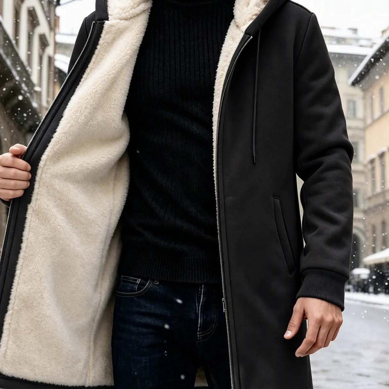Image of Men Winter Solid Color Fleece Lined Mid Length Hooded Jacket, Zip Up Long Sleeve Warm Outerwear, Thick Plush Casual For Cold Weather Daily Outdoor Travel Weekend Wear