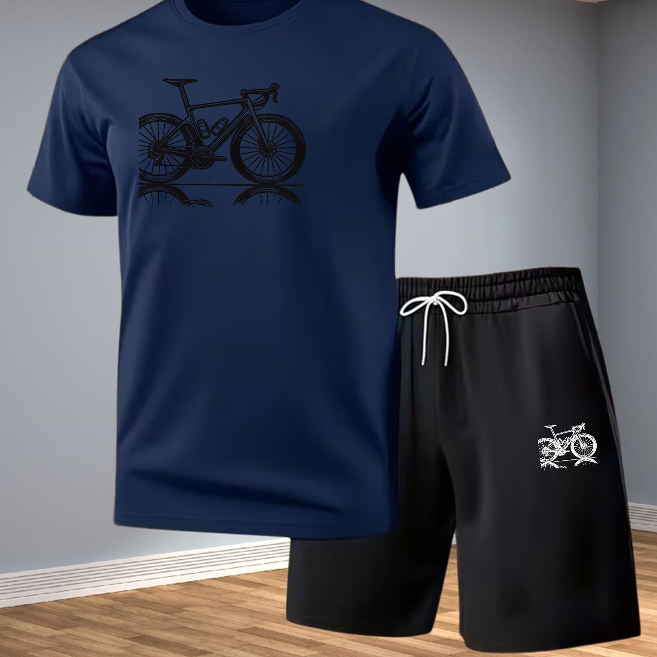 TEMU Men's Bike Silhouette Sport Set - Short Sleeve Top   Shorts 2pcs Set. Features A Line Art Outline Of A Road Bike With Reflective Details, A