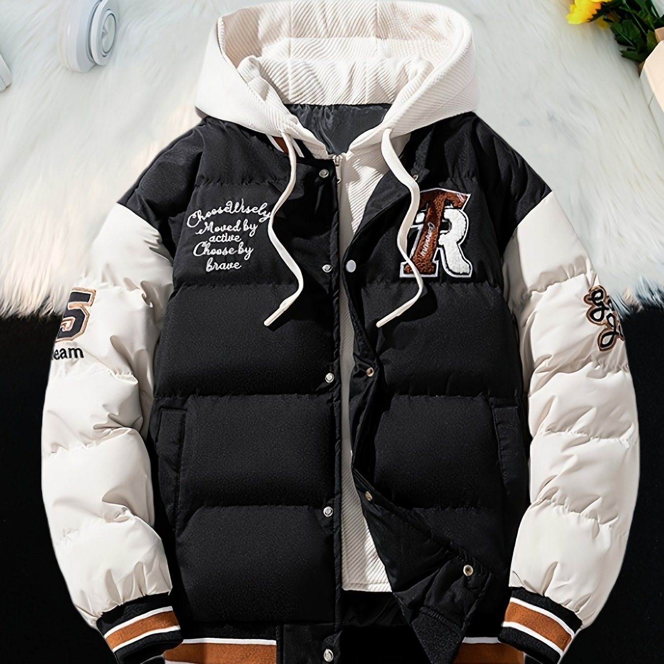 TEMU Unisex Padded, Student Trend, 2-in-1 Look. Men's Winter Thickened Warm Korean Style Trendy Harajuku Hong Style Chinese Trend Brand Clothing