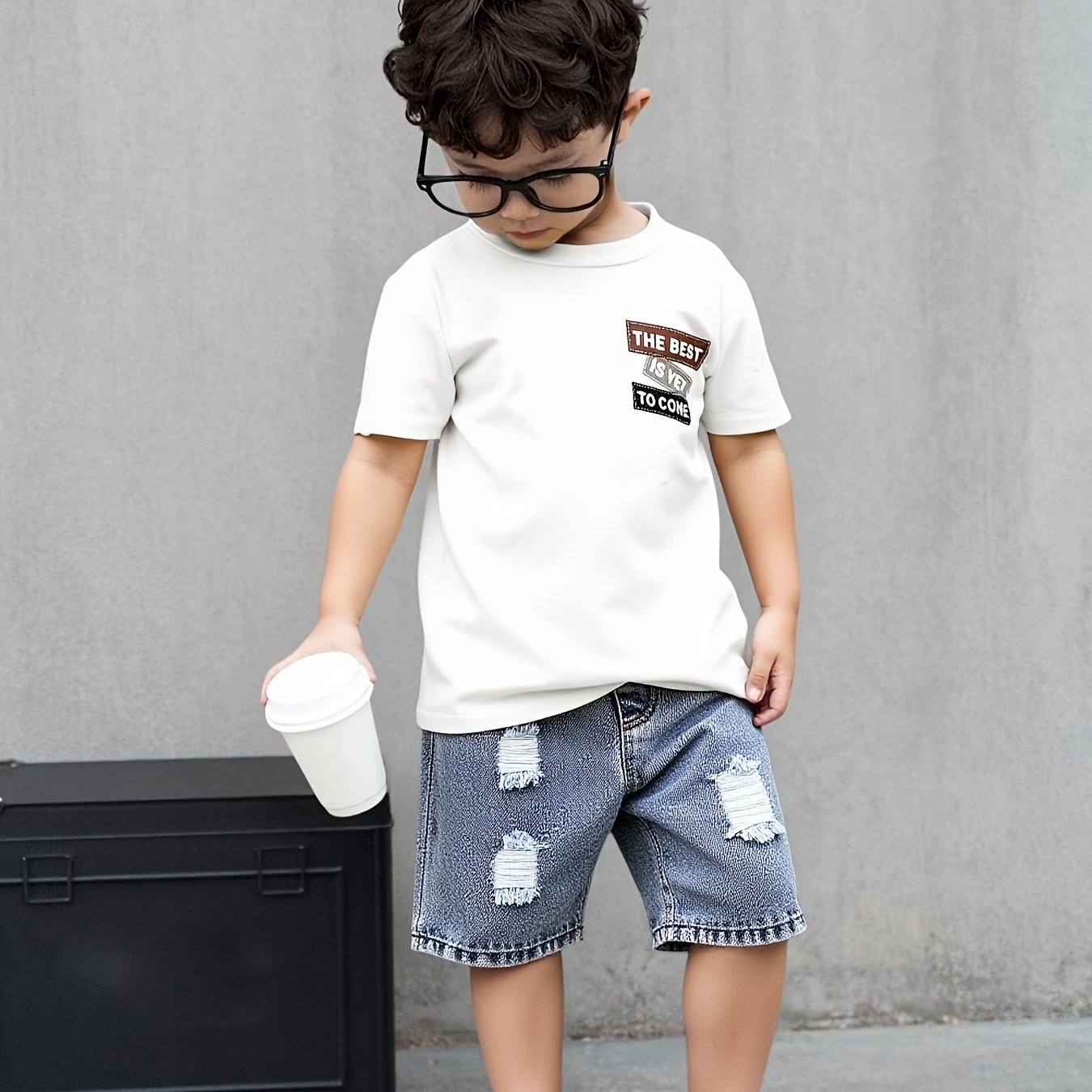 Image of Boys' Summer Trendy Set Letter Print Short Sleeve T-shirt Distressed Denim Shorts 2pcs Set Baby Boy Casual Children's Clothing, For Outdoor