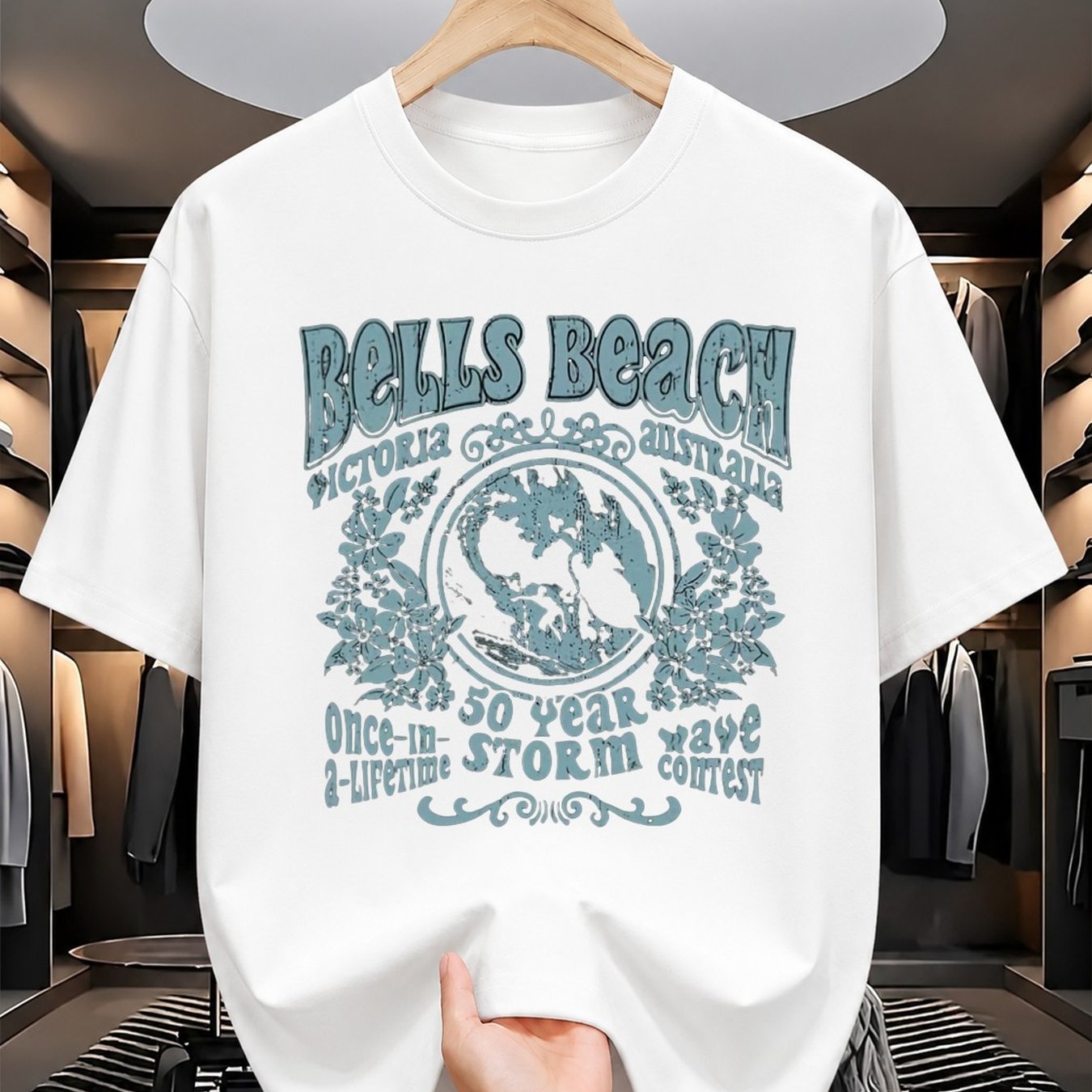 TEMU Men's Australia Bell's Beach 50th Anniversary Surf T-shirt - Retro Australian Pattern Print Heavyweight Fabric Loose Crew Neck Shirt For Surf,