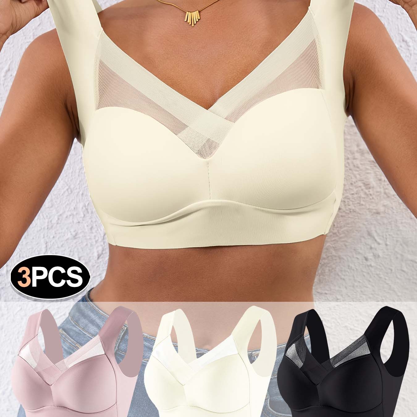 Image of 3pcs Women's Sports Bra, Wire-free, Mesh Panels, Solid Color, Molded Cups, Push-up, Elegant, High Elasticity, Anti-slip Cups, For Yoga And Running