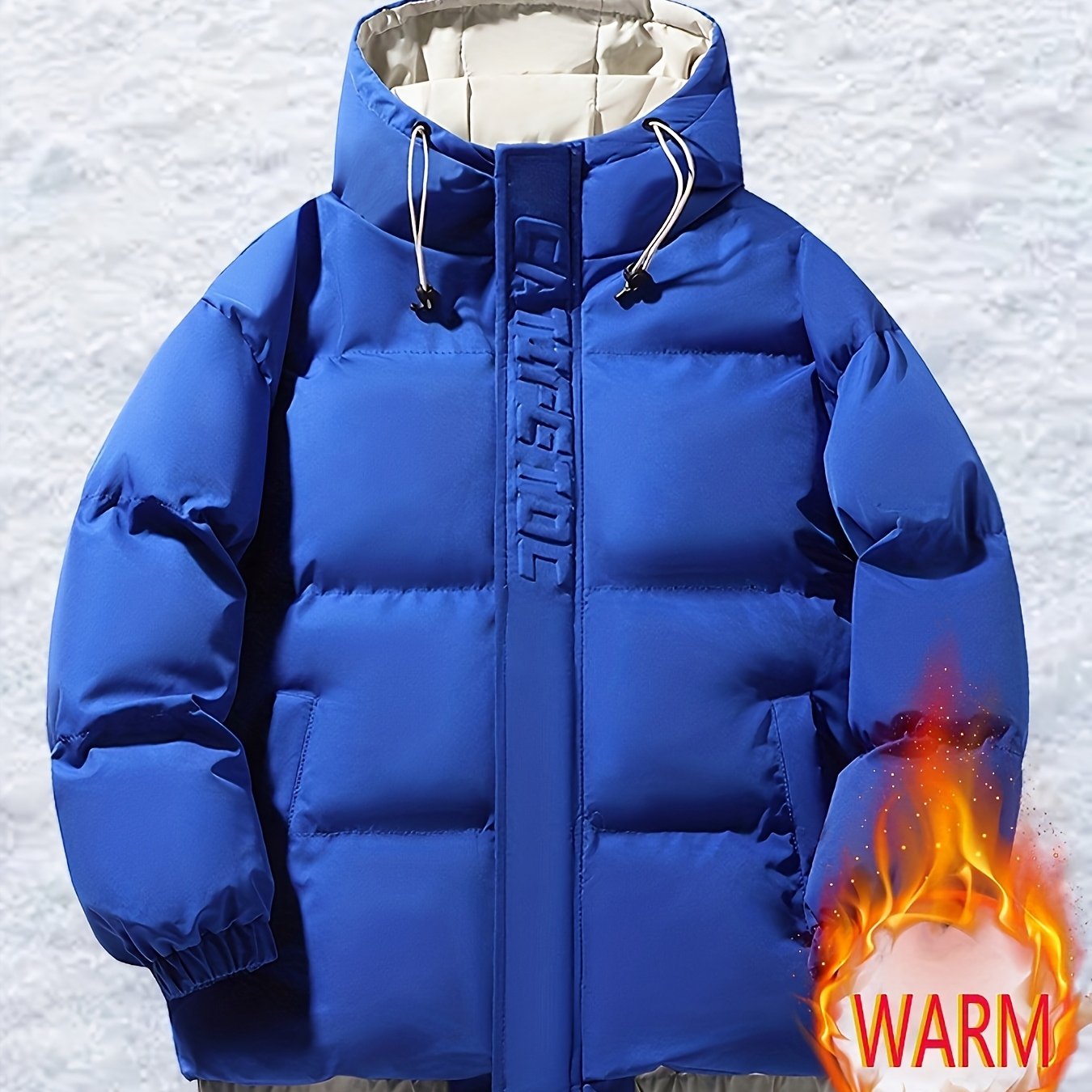 TEMU Men's Hooded Padded - , Black, Khaki Zip-up Jacket, Warm, Windproof, Cold-resistant, Thickened, Stylish Casual Outerwear, Suitable For Skiing
