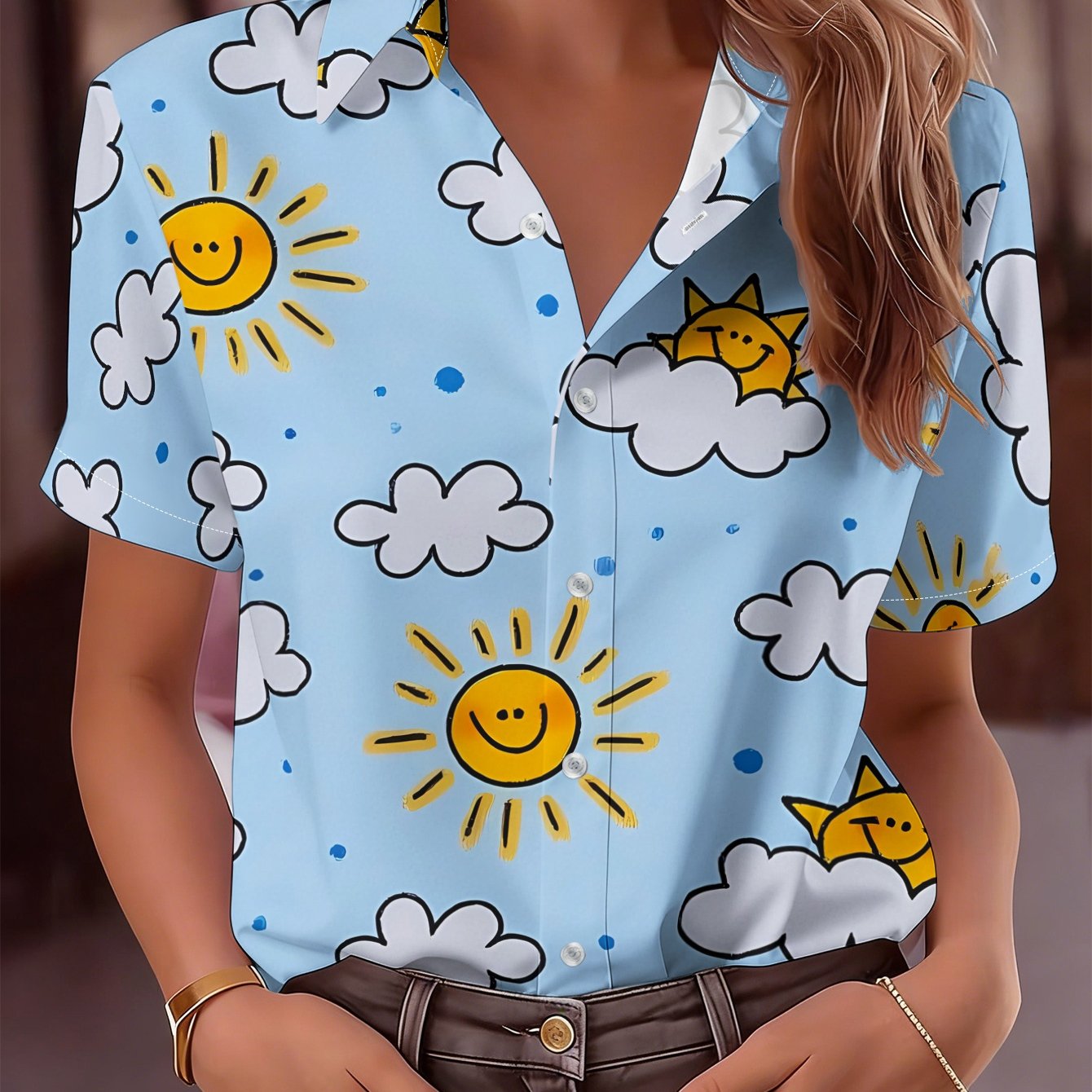 TEMU Women's Short Sleeve Shirt Summer Cloud Print Versatile Casual