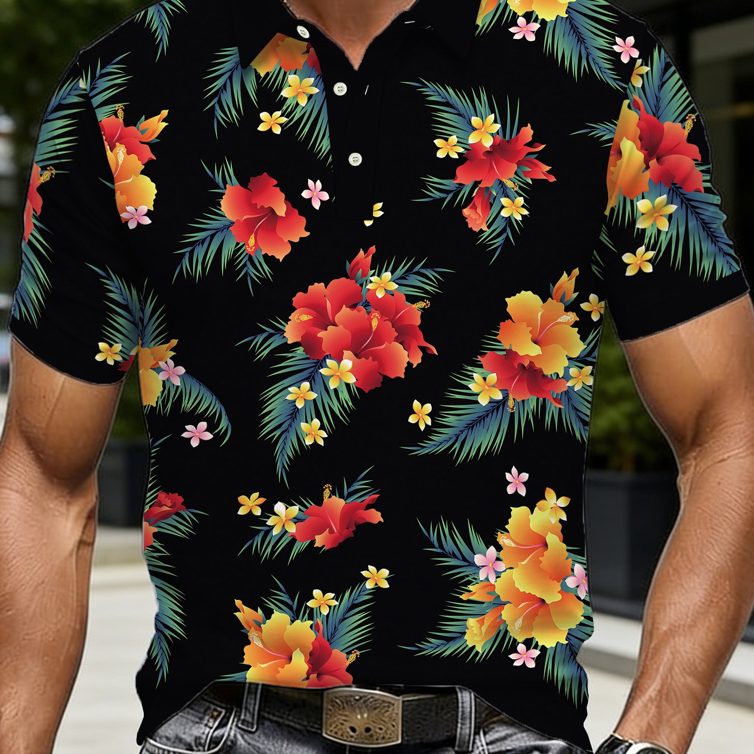 TEMU Tropical Floral Print Summer Lapel Men's Shirt, Suitable For Beach Vacations, Golf, Daily Casual Wear, And Other Occasions