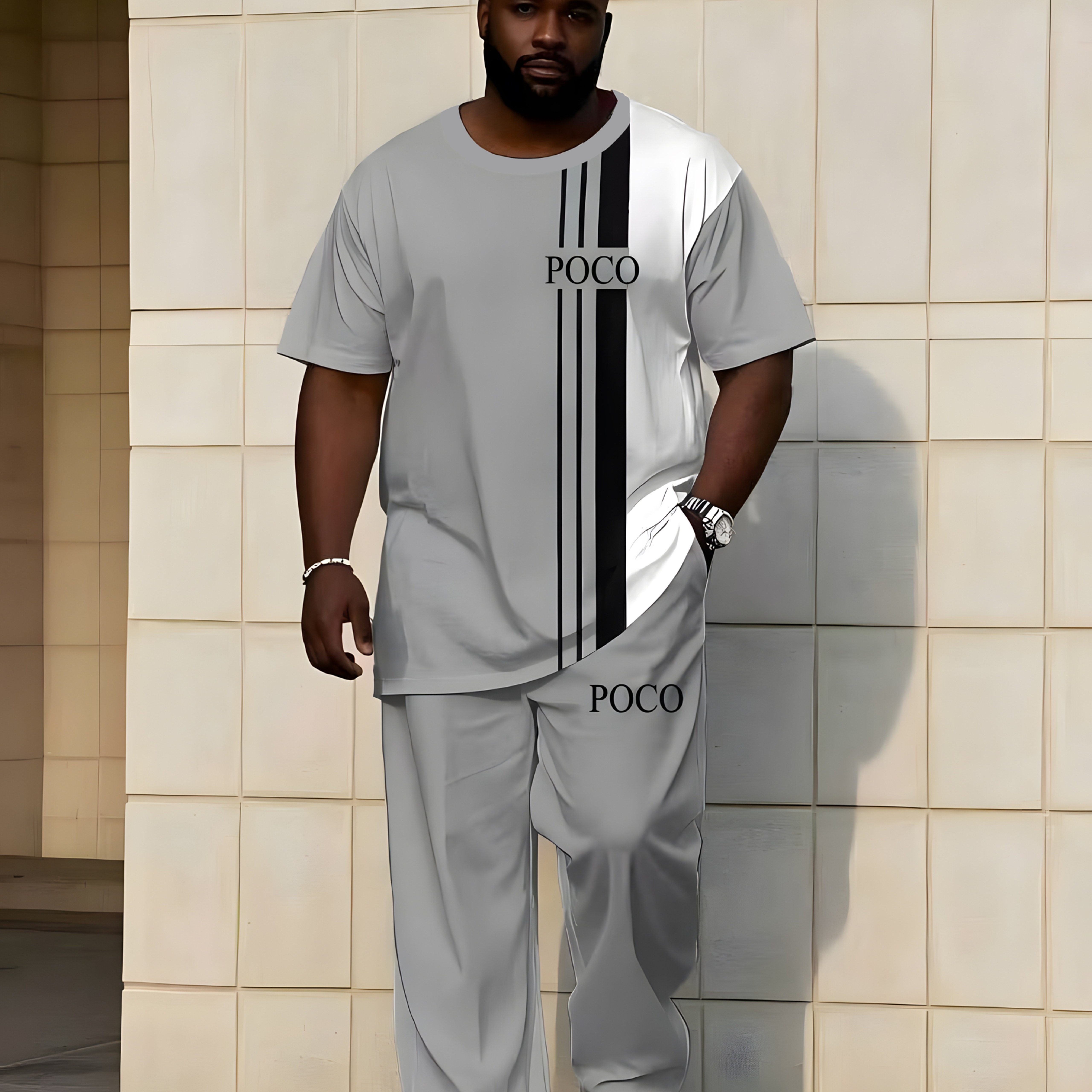 TEMU New Plus-size Men's Fashionable Casual Printed Set, Breathable Short-sleeve T-shirt With Long Pants, Comfortable And Versatile 2pcs Outfit For