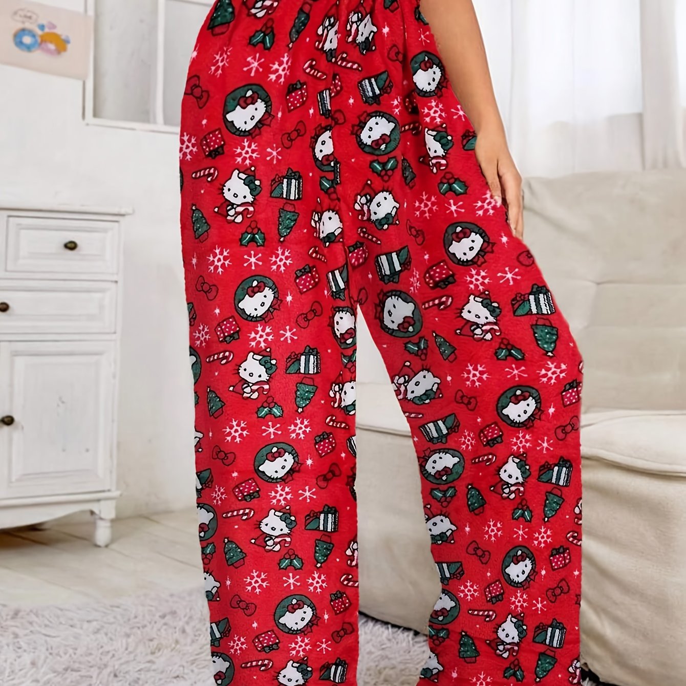 Image of 's For Hello Kitty Holiday Plush Pants - Comfortable Elastic Waistband Loungewear And Outdoor Clothing, Red-santa Red- Red-christmas Themed Design, Gift, For Hello Kitty Pants