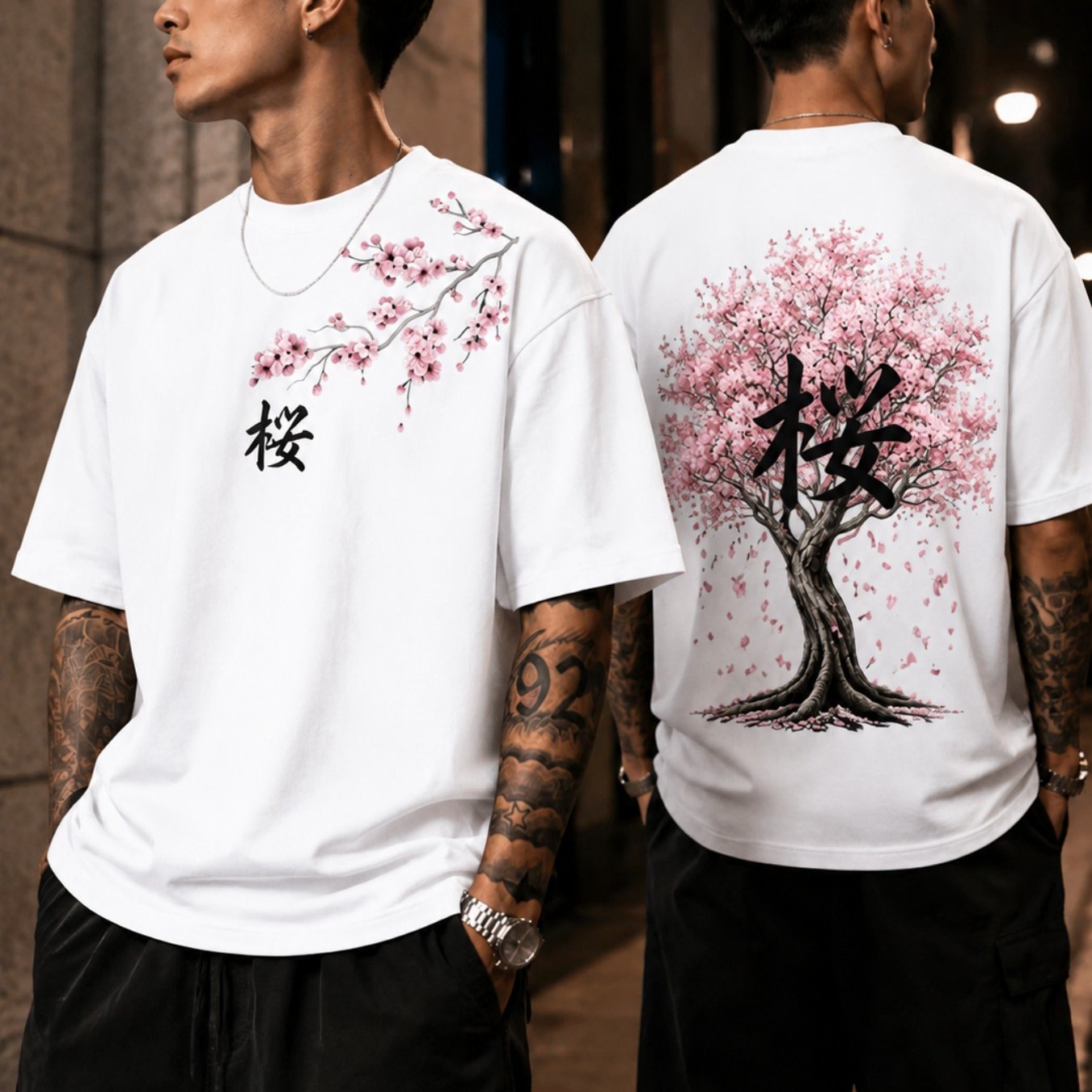 TEMU [2d Flat Printing] Summer Men's Japanese Cherry Print Short Sleeve T-shirt, Loose Fit Streetwear Style, Comfortable Crew Neck Tee, Perfect For