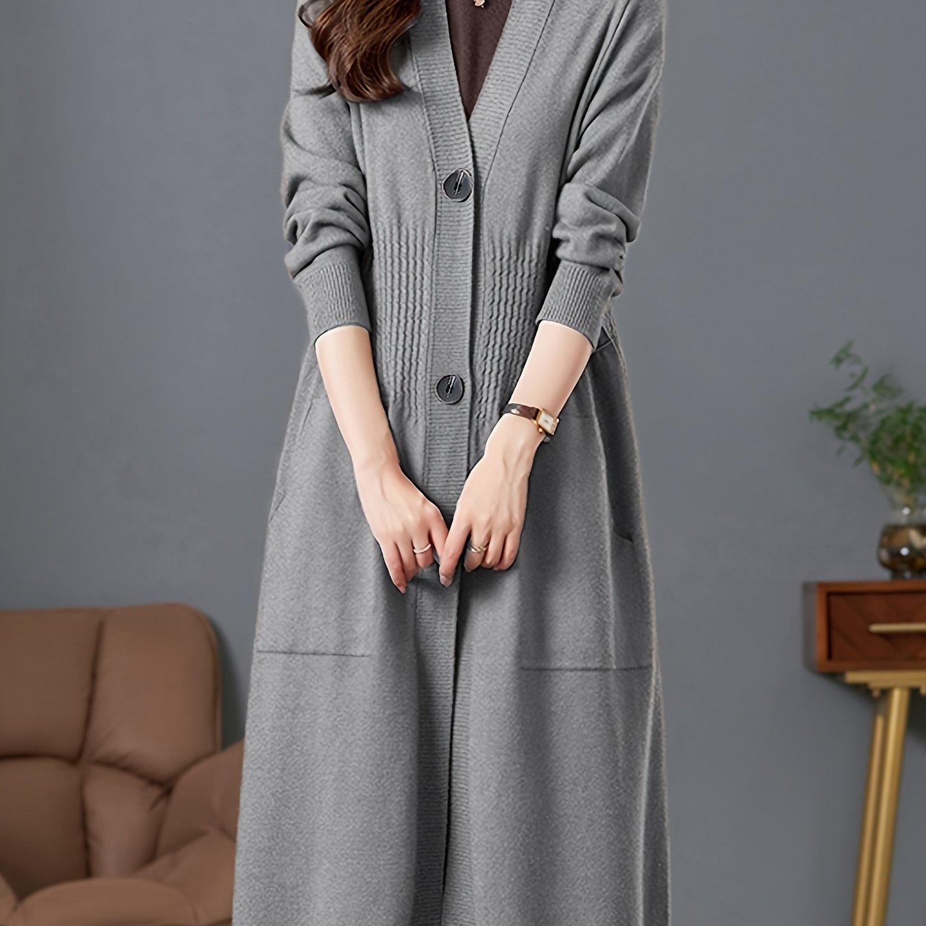 TEMU Solid Button Front Duster Cardigan, Casual Long Sleeve Slant Pockets Midi Cardigan For Fall & Winter, Women's Clothing
