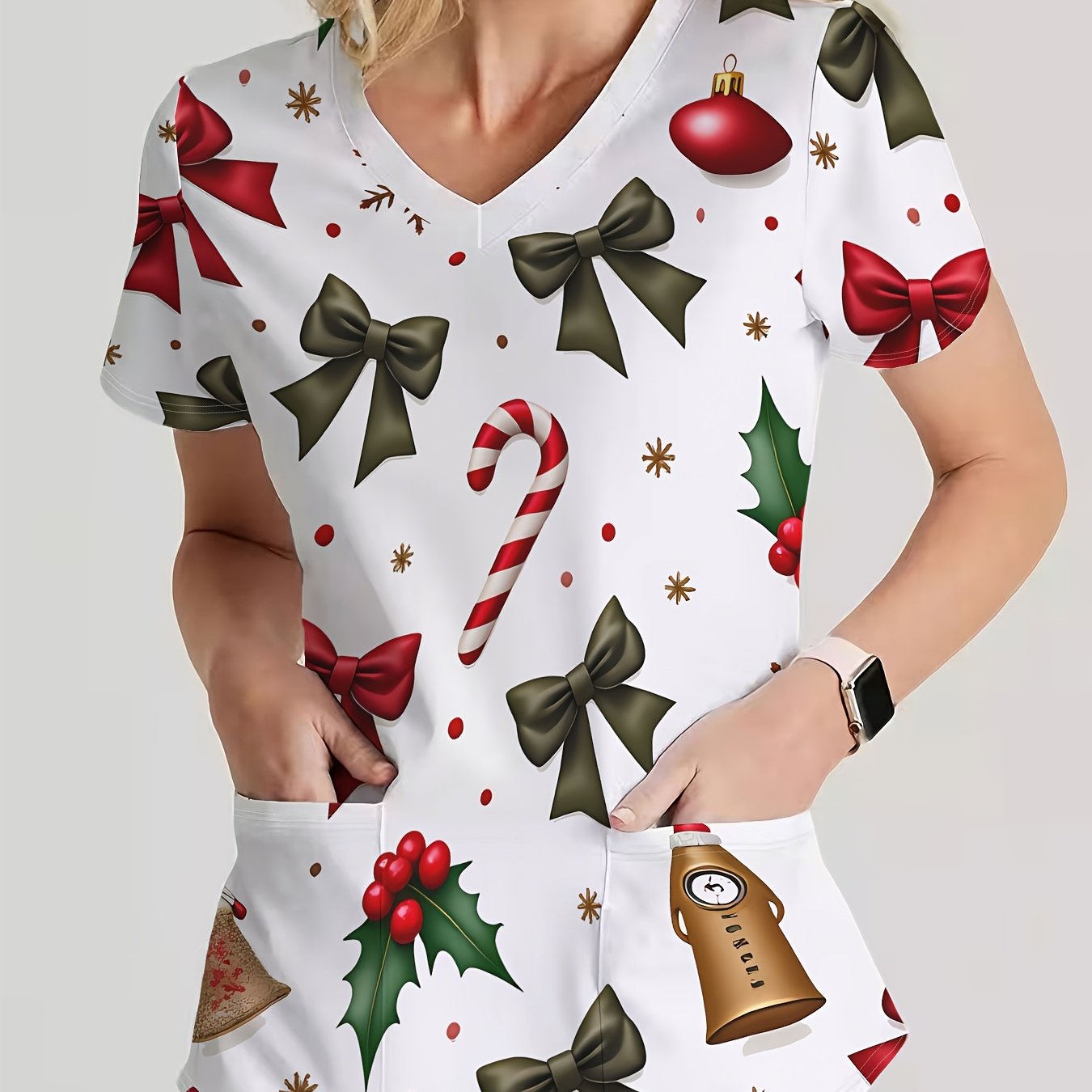 TEMU V-neck Women's Clothing Professional Top, Work Uniform, Full Body Printed Christmas Element Style Pattern, Washable Short Sleeve Nurse Uniform,