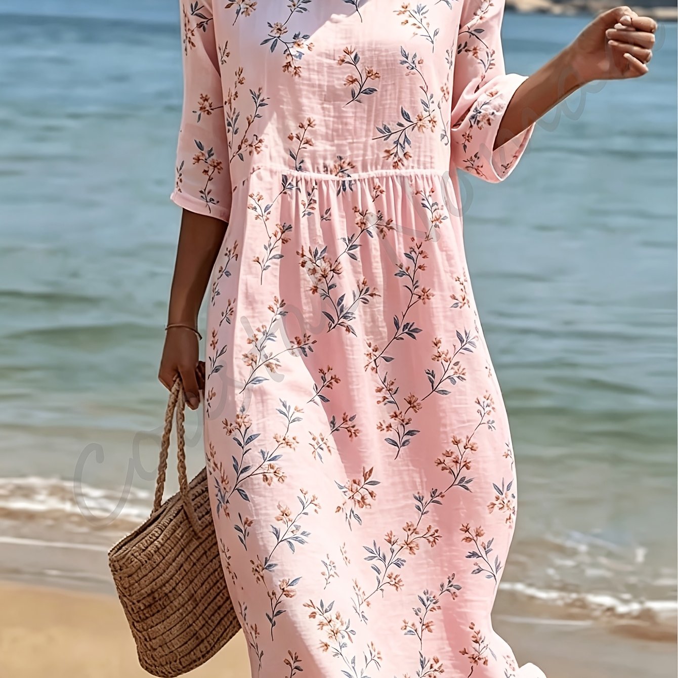 Image of Women's Neutral Beige Floral Print Dress, Delicate Flower Pattern 3/4 Sleeve Crew Neck Loose Midi Dress, Comfy Casual Sundress