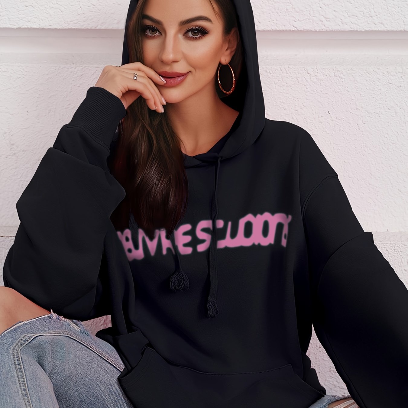 100% Women's Long-sleeve S Top With Letter Print, /summer Preppy-style Women's S Hoodie, Stylish, Soft, And Breathable Long-sleeve Top With Pockets And A Flowing Silhouette