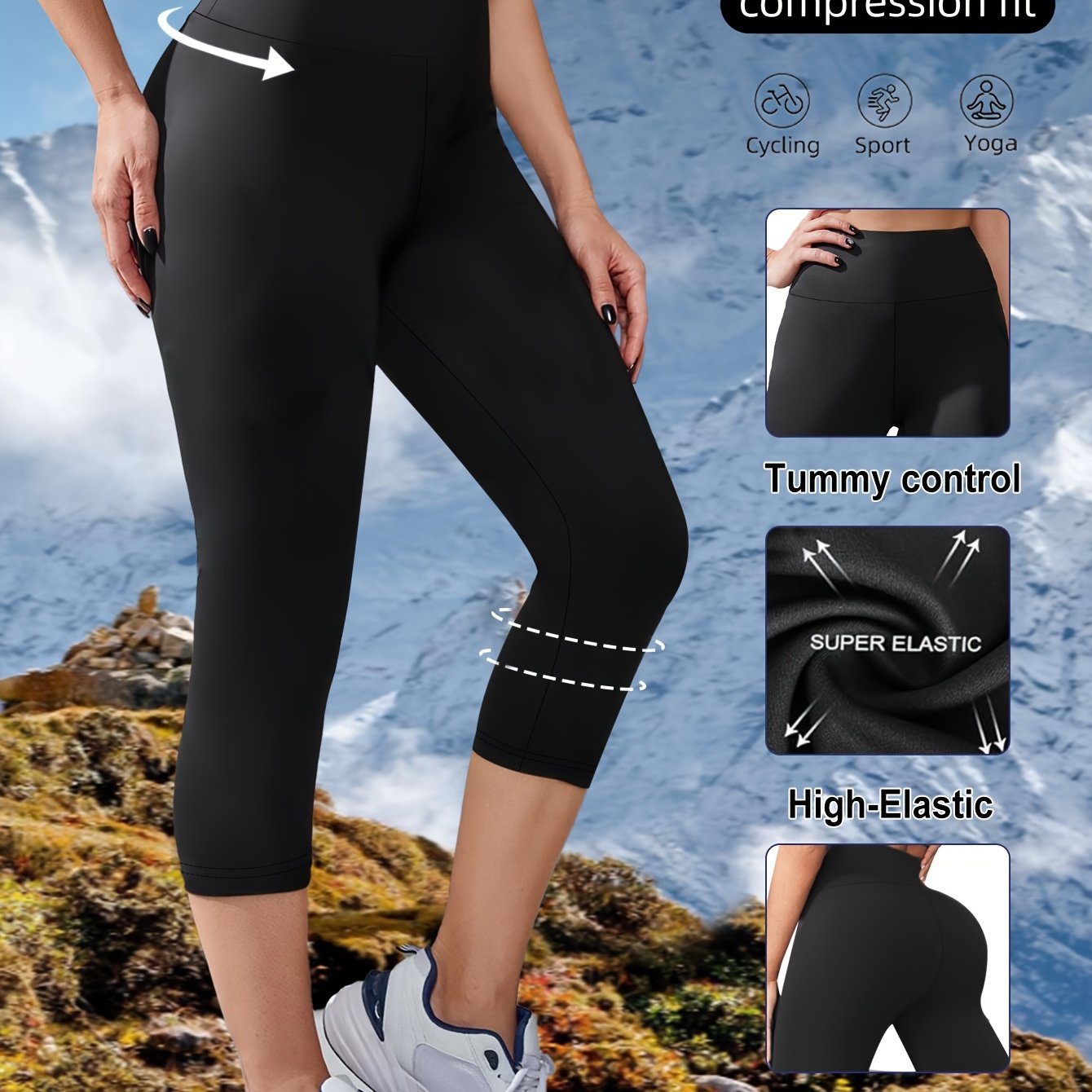 High-waist 7/8 Length Leggings, Women's Stretch Tummy Control Yoga Fitness Pants - Solid Color Athletic Yoga Trousers - Comfortable Fitted Glossy Material