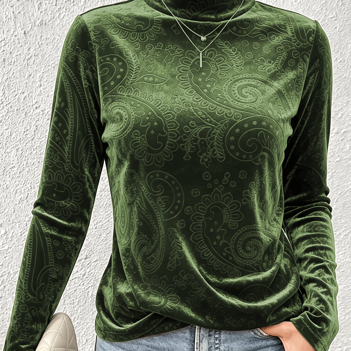 TEMU Herfst/Winter Half-Paisley Gedrukt Reliëf Gouden Fluweel Hoge Hals Warm Casual Sport T-shirt voor Dames, -elastisch Fluweel Comfortabele Zachte