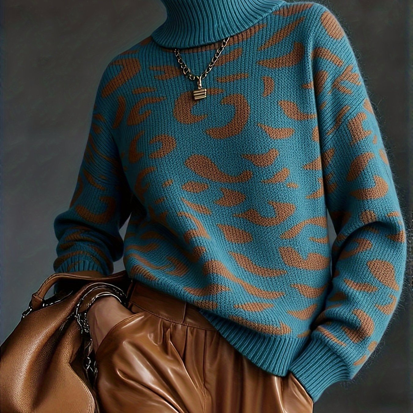 TEMU Pull Femme Automne Hiver Imprimé Léopard Col Roulé Manches Longues Décontracté
