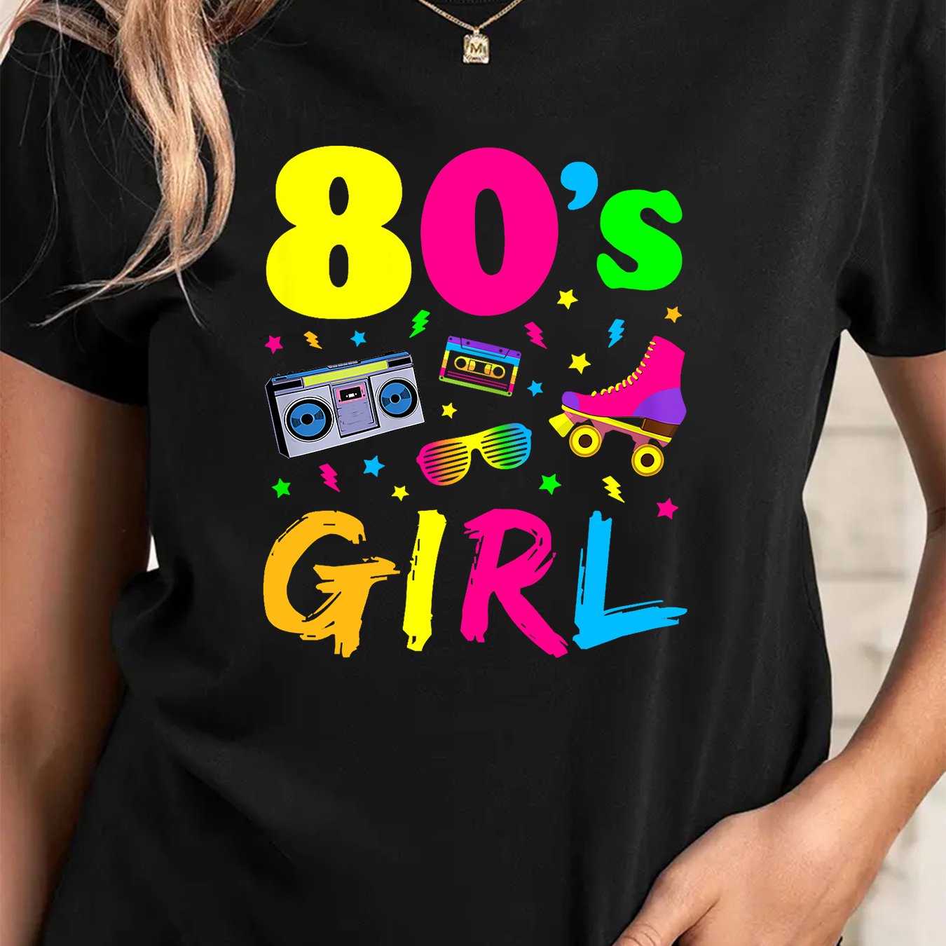 TEMU 1pc Camiseta de corta para mujer casual con cuello , impresión gráfica de chica de los 80, tejido de poliéster, estiramiento medio, regular,