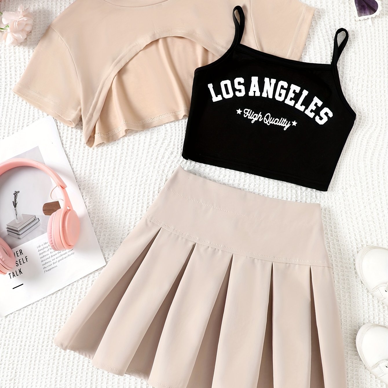 Image of Summer Fashion Short-sleeve Sweatshirt Cape & Letter Print Camisole & Pleated Skirt 3pcs Set For 8-12 Year Old Girls, For Casual Vacations