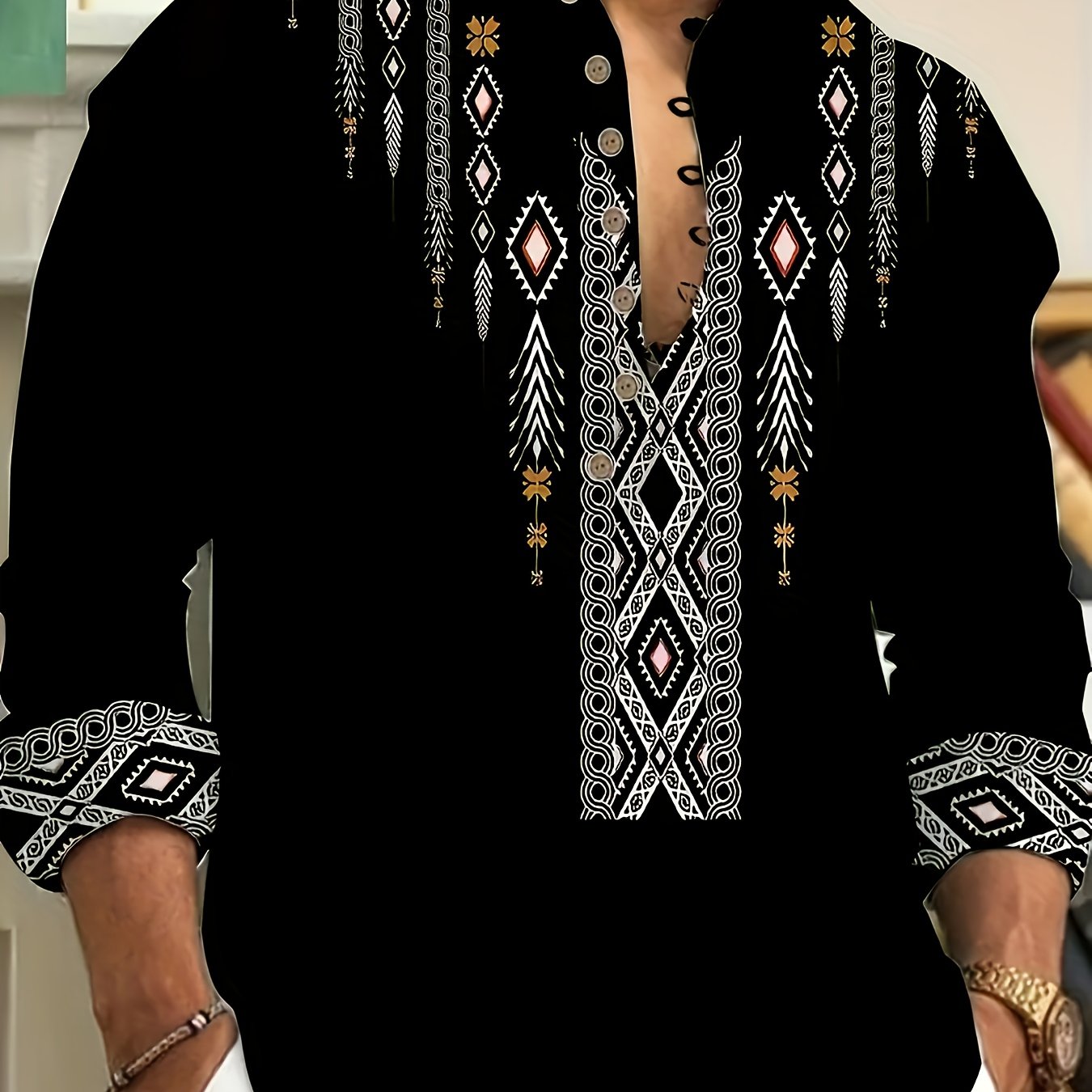 Stylish Long-sleeve Shirts For Men Featuring Unique Ethnic Print Designs, Plus Size
