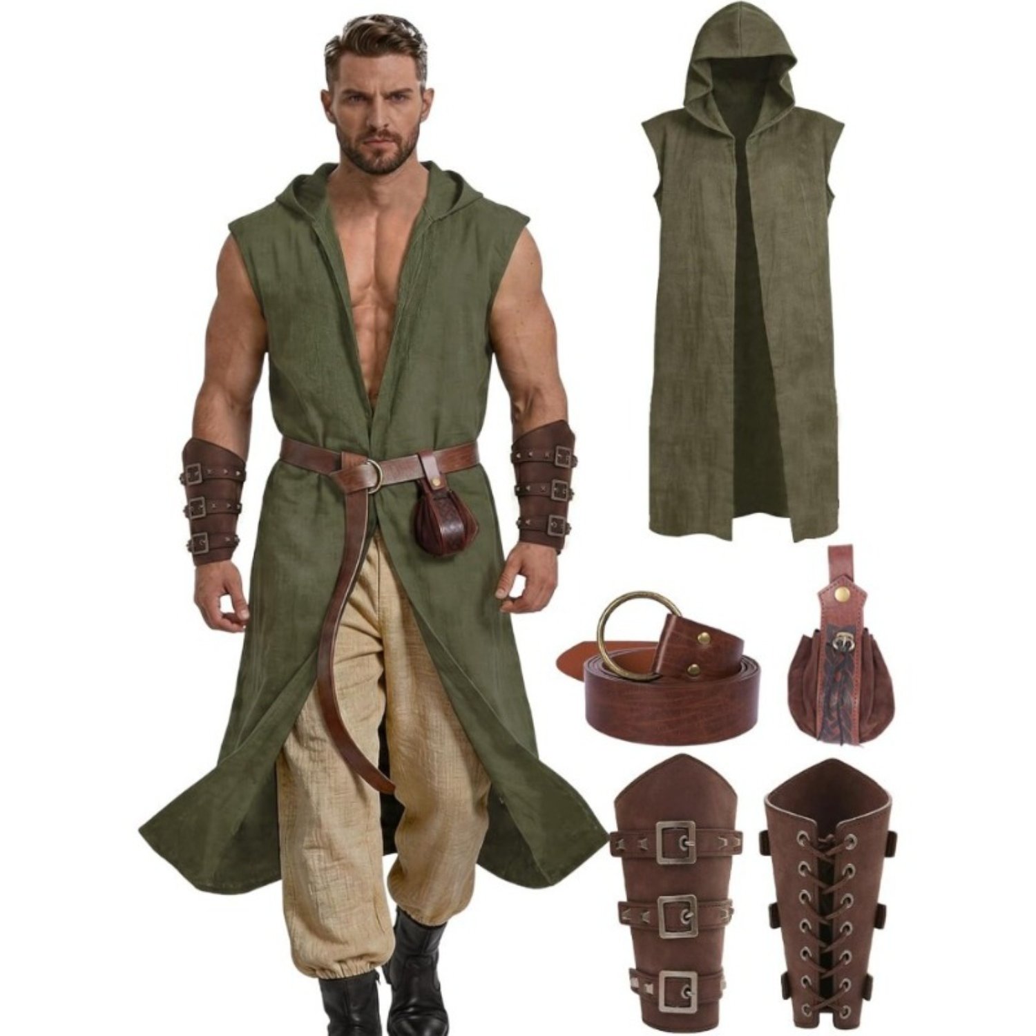 4pcs Medieval Retro Viking Style Costume Set, Clothes And And Belts And Pendants, Suitable For Halloween, Stage Plays, Costume Parties, Theme Parties, Carnivals Cosplay And Other Occasions, Optional