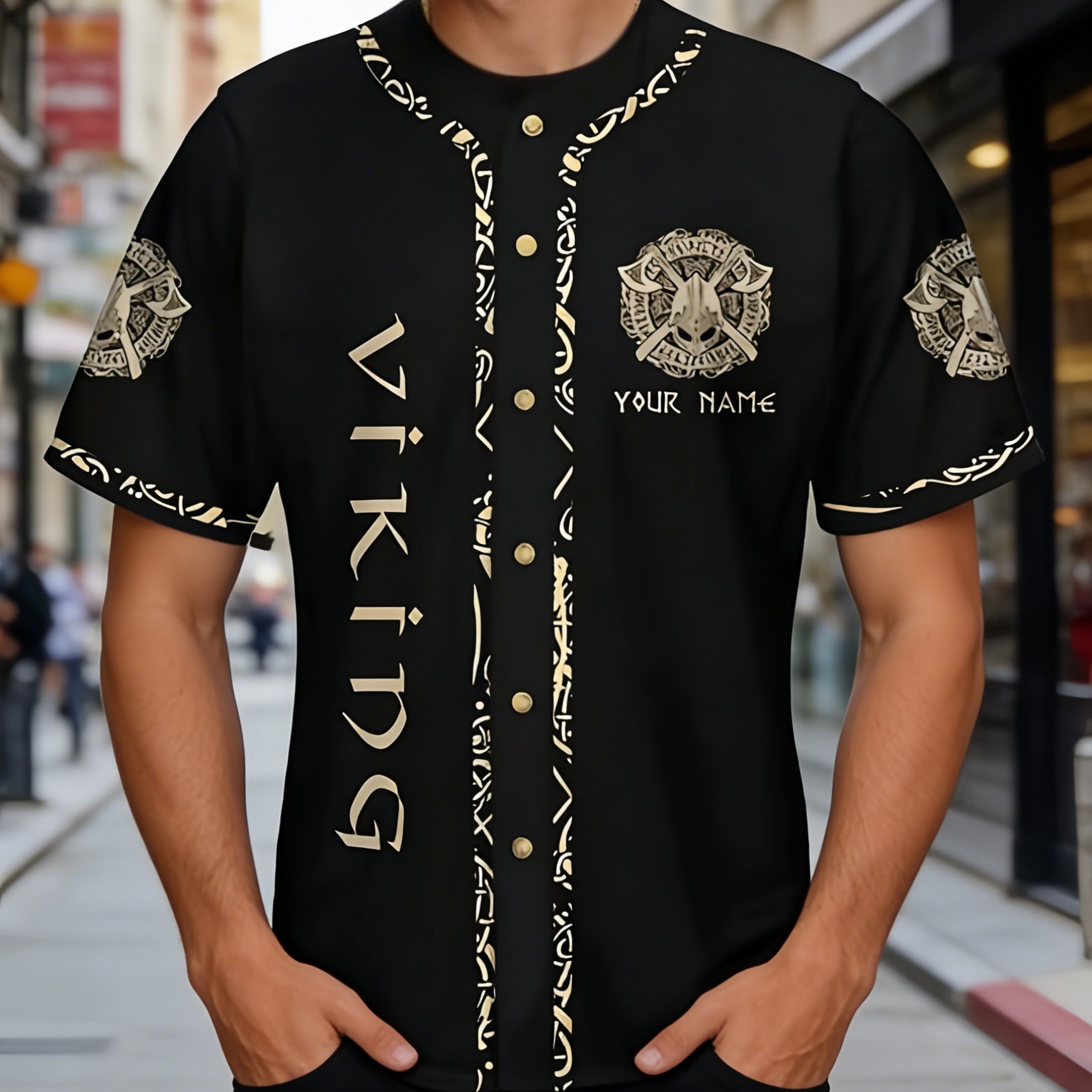 TEMU Men's Viking Baseball Shirt With Full- & Shield Print - Breathable Summer Suitable For Outdoor Sports, Casual Wear, Themed Events | Machine