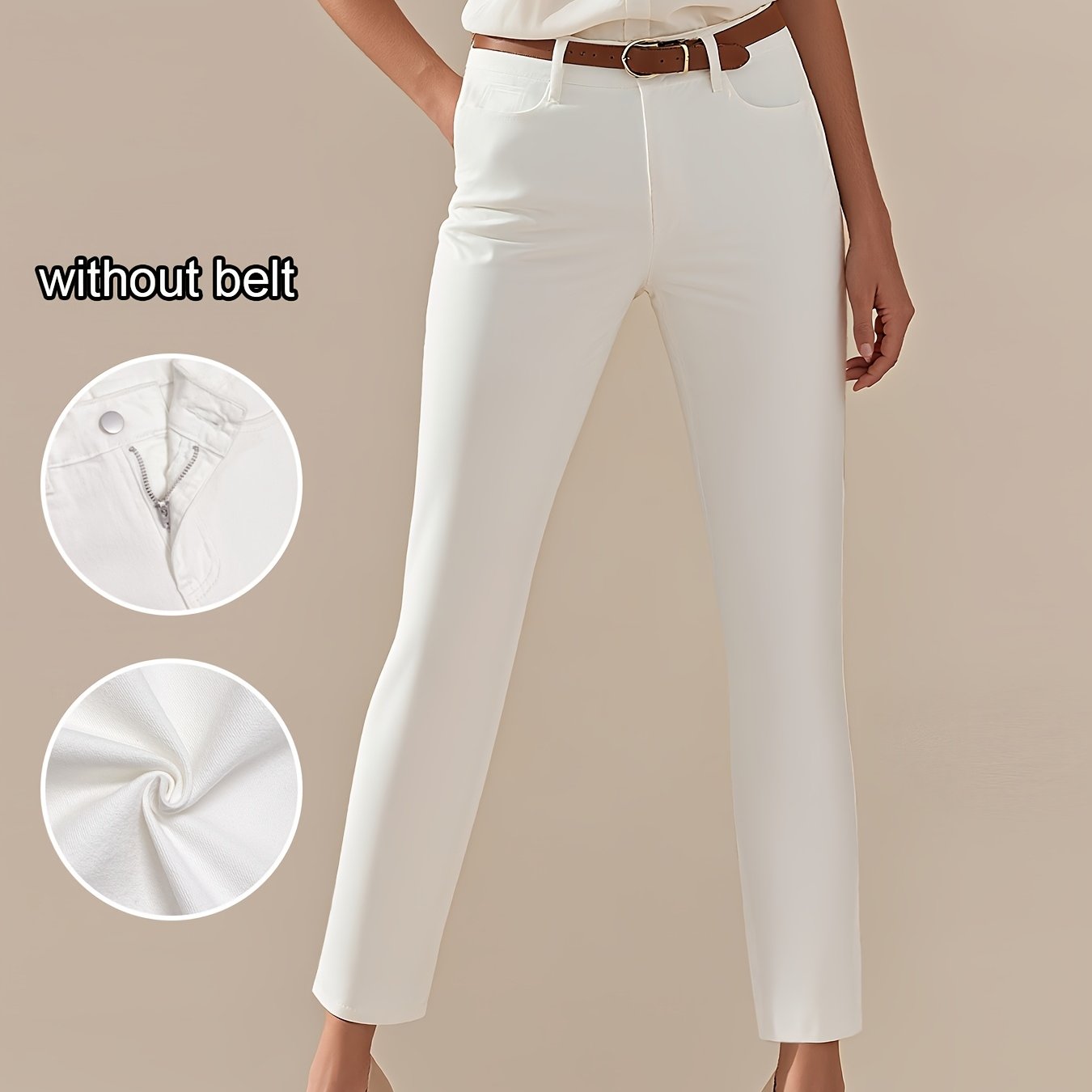 Image of Women's 2026 Slim Straight Leg White Cropped Jeans, Washed Solid Color Business Casual Pants With Pockets, Leggings, Elegant Ladies' Clothing, High-waisted Tummy-control Denim Trousers , Travel