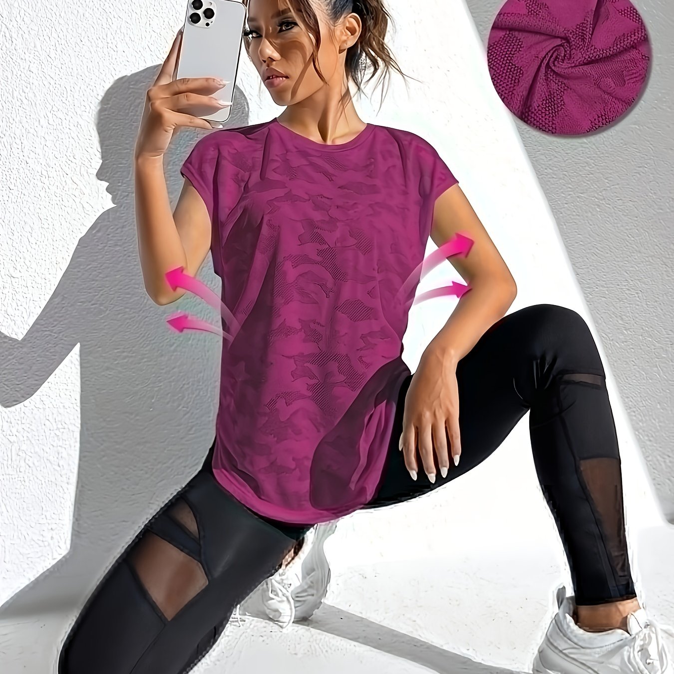 Image of Sports Studio Jacquard Batwing Sleeve Athletic Shirt, Quick- Moisture-wicking Essential For Running, Fitness, Hiking & More