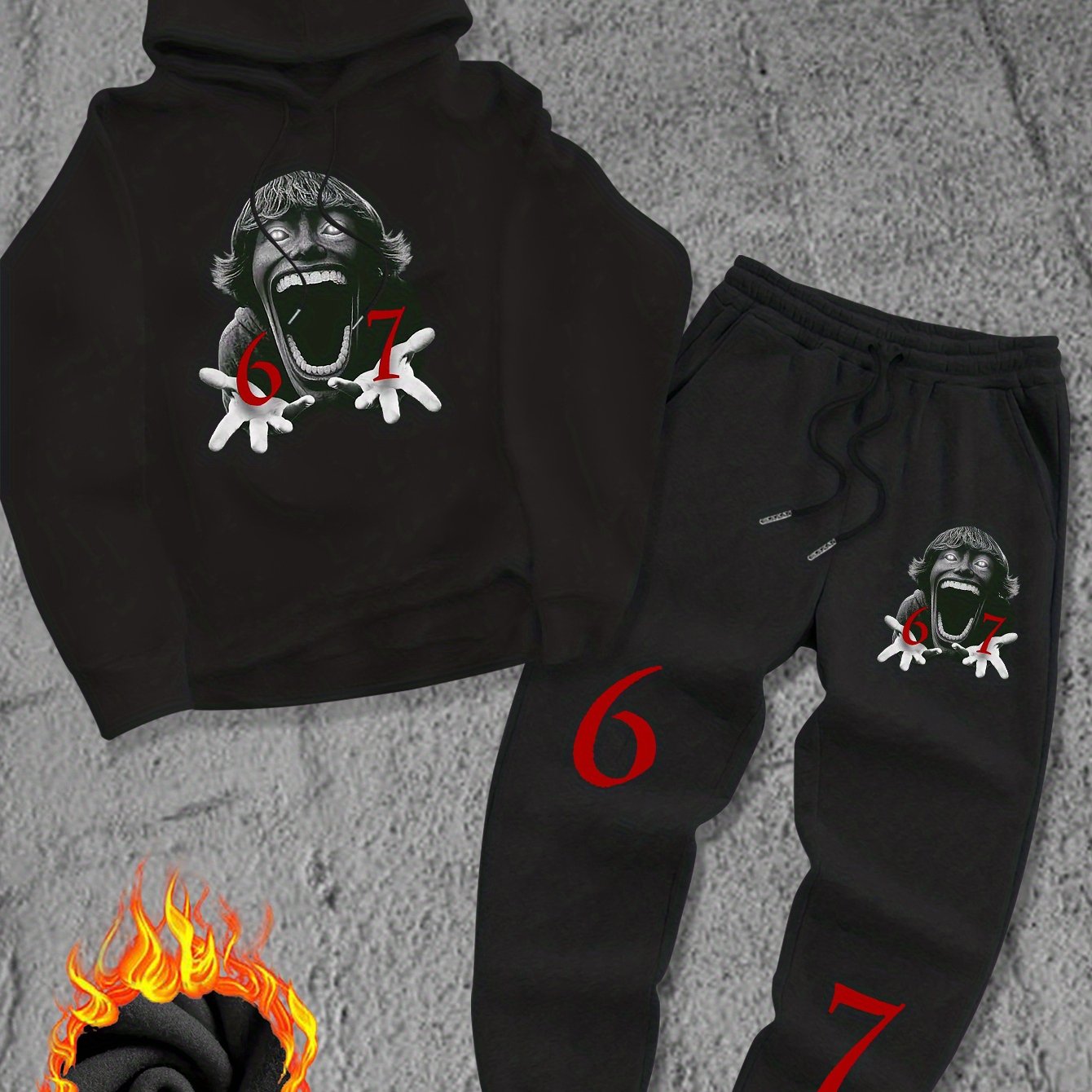 TEMU 67kid Trendy Brand Men's Fashion Sweatshirt Set, A Unique Gift For Men Featuring 67 Print With A Stylish Gesture, Warm Fleece Lining, Black