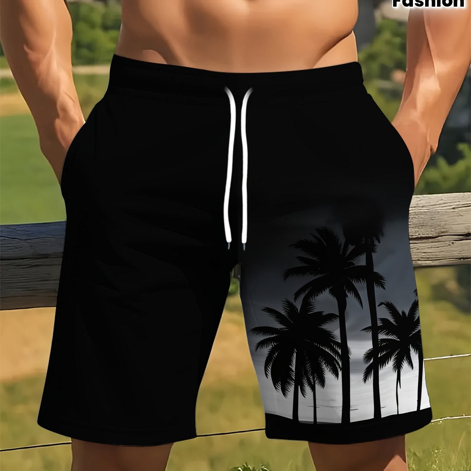TEMU Men's Beach Shorts, Casual Shorts With Dark-style Coconut Tree 3d Printed Patterns, Drawstring Quick-dry Swim Trunks, Summer Outdoor Sports,