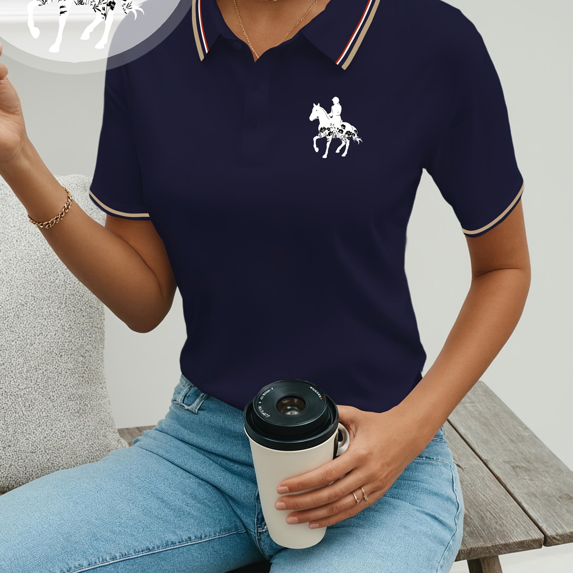 TEMU Printed Casual Short-sleeved Shirt, With A Woman Riding A Horse Pattern Printed On , And Floral Filling, Women's Casual Shirt