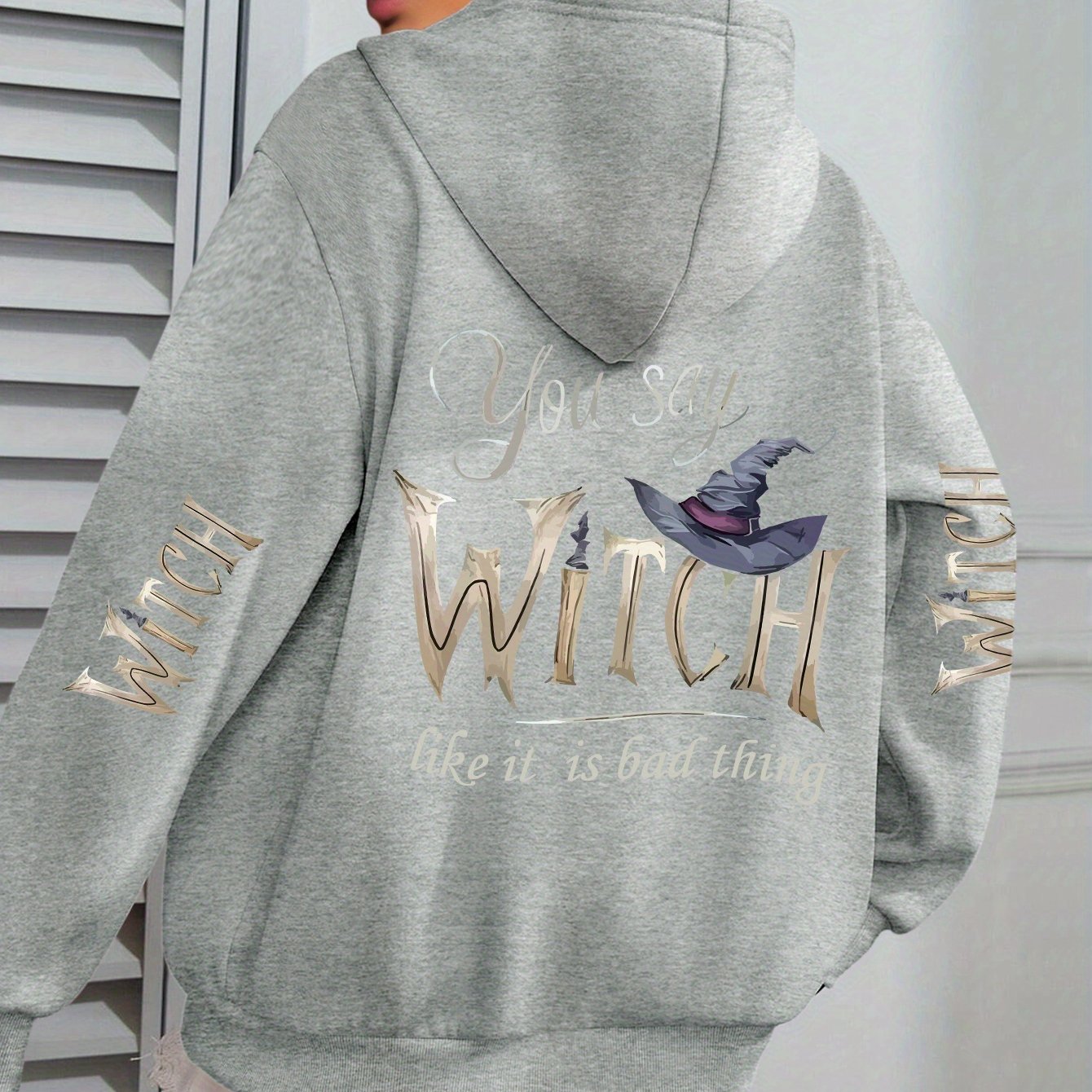 Image of Witch Print Hoodie, Casual Fashion Long Sleeve Hooded Sweatshirt, For Winter And Fall, Women's Clothing, For Halloween