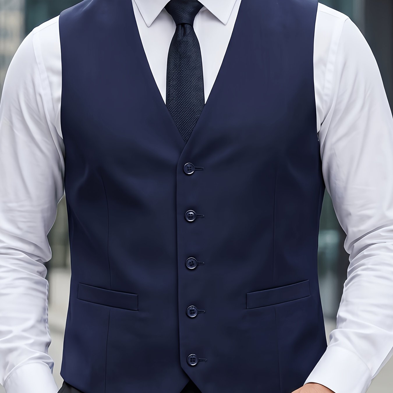 TEMU Men's Formal Suit Vest, Navy Slim Fit Business Waistcoat, 5-button Dress Vest, Adjustable Back Belt, Suitable For Office, Wedding, Banquet Wear