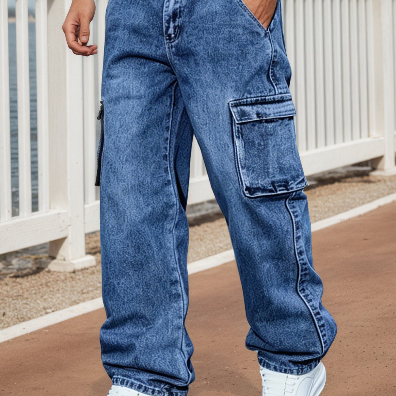 TEMU Men's Cargo Wide-leg Jeans, Vintage Washed Multi-pocket Loose Straight Trousers, Trendy Versatile Streetwear Pants, High-street Retro Cargo