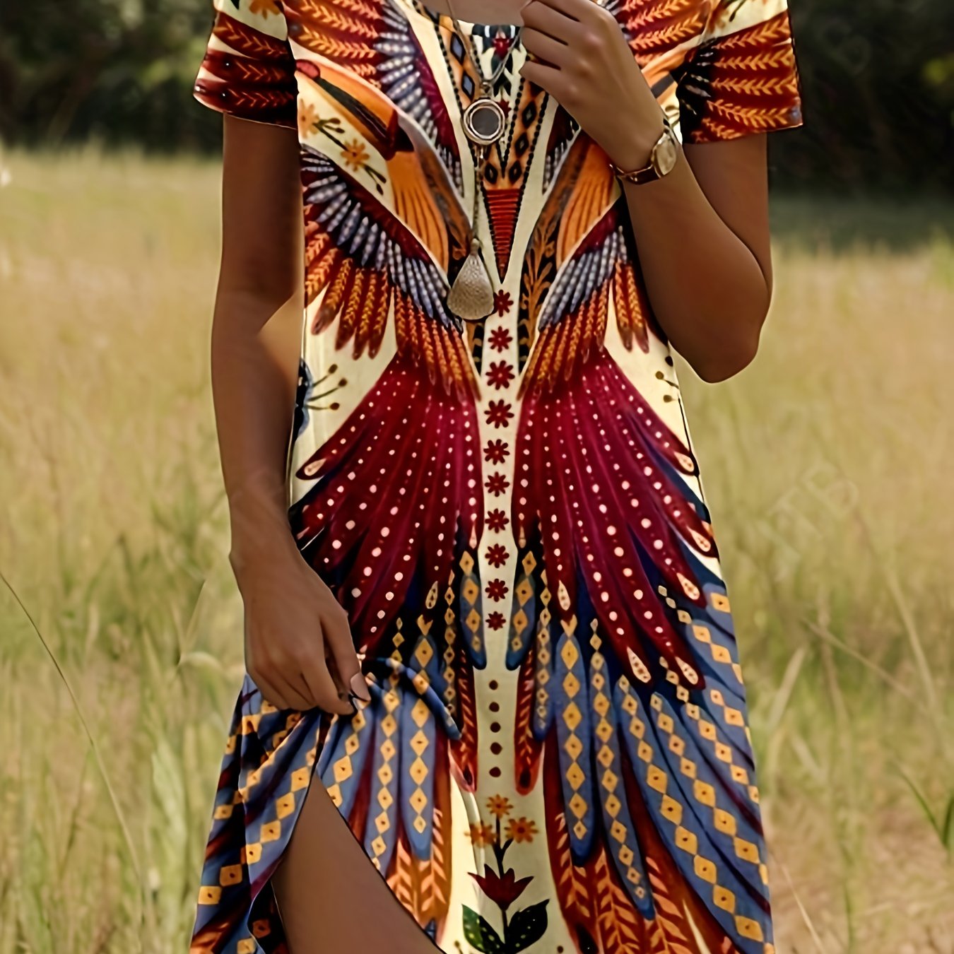 E-shop Damens Elegantes A-Linien-Kleid – Blumenmuster, Knielang mit Kurzarm und Rundhalsausschnitt, Maschinenwaschbar, Vielseitig von Casual bis Dressy
