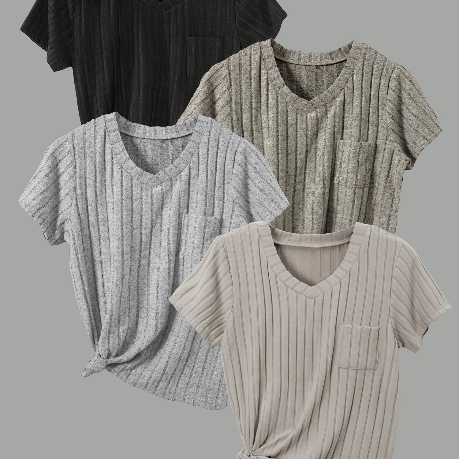 4pcs Set Women's V-neck Short Sleeve Solid Color T-shirt Tops, Elegant Casual Pocketed Daily Short Sleeve Tops For Women