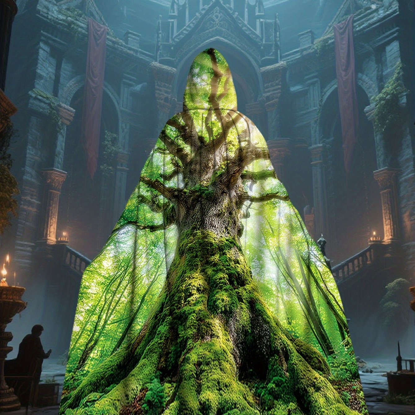 TEMU 1pc 's Cloak Costume - Hooded Oversized Robe With Moss-covered Tree Bark Print, Lichen Patterns & Sheer Panels For Halloween, Themed Parties,