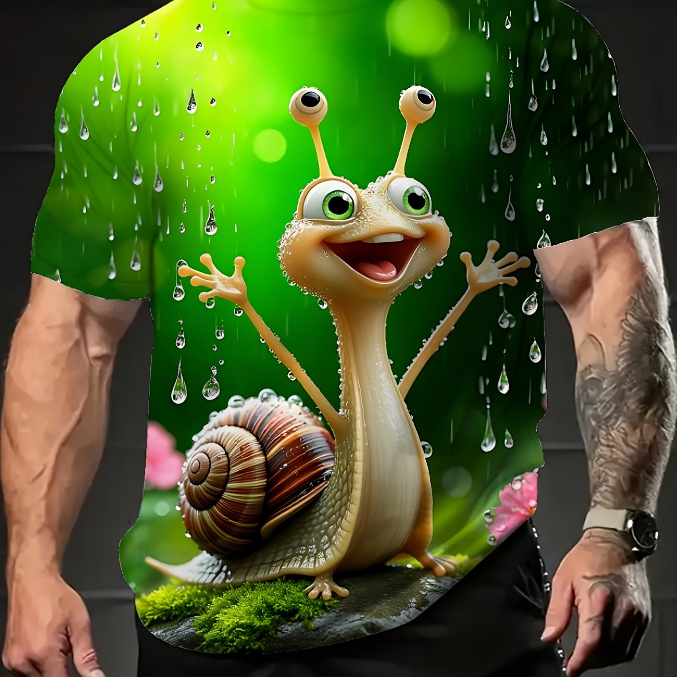 TEMU Men's Full-body Print Cartoon Snail Pattern T-shirt - Green Casual Sport Style Summer Short Sleeve Round Neck Top, Full Adult Version Machine