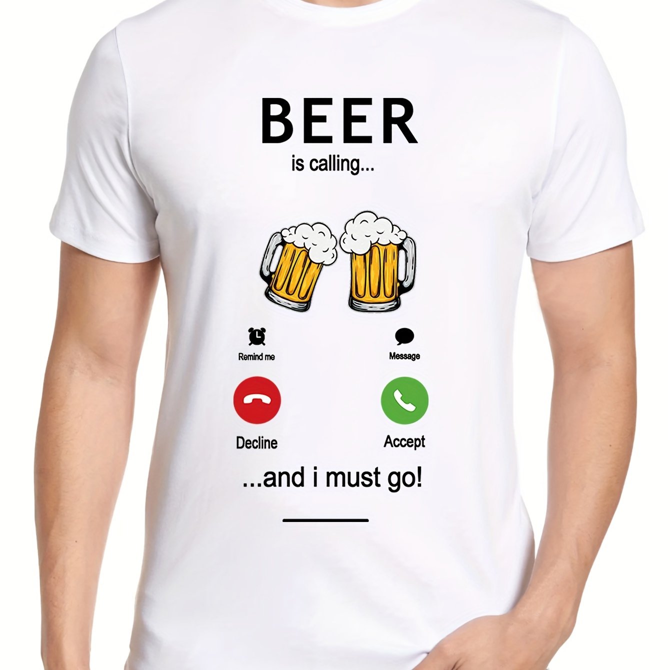 Funny Beer Calling Print Men's Graphic Design Crew Neck - Temu