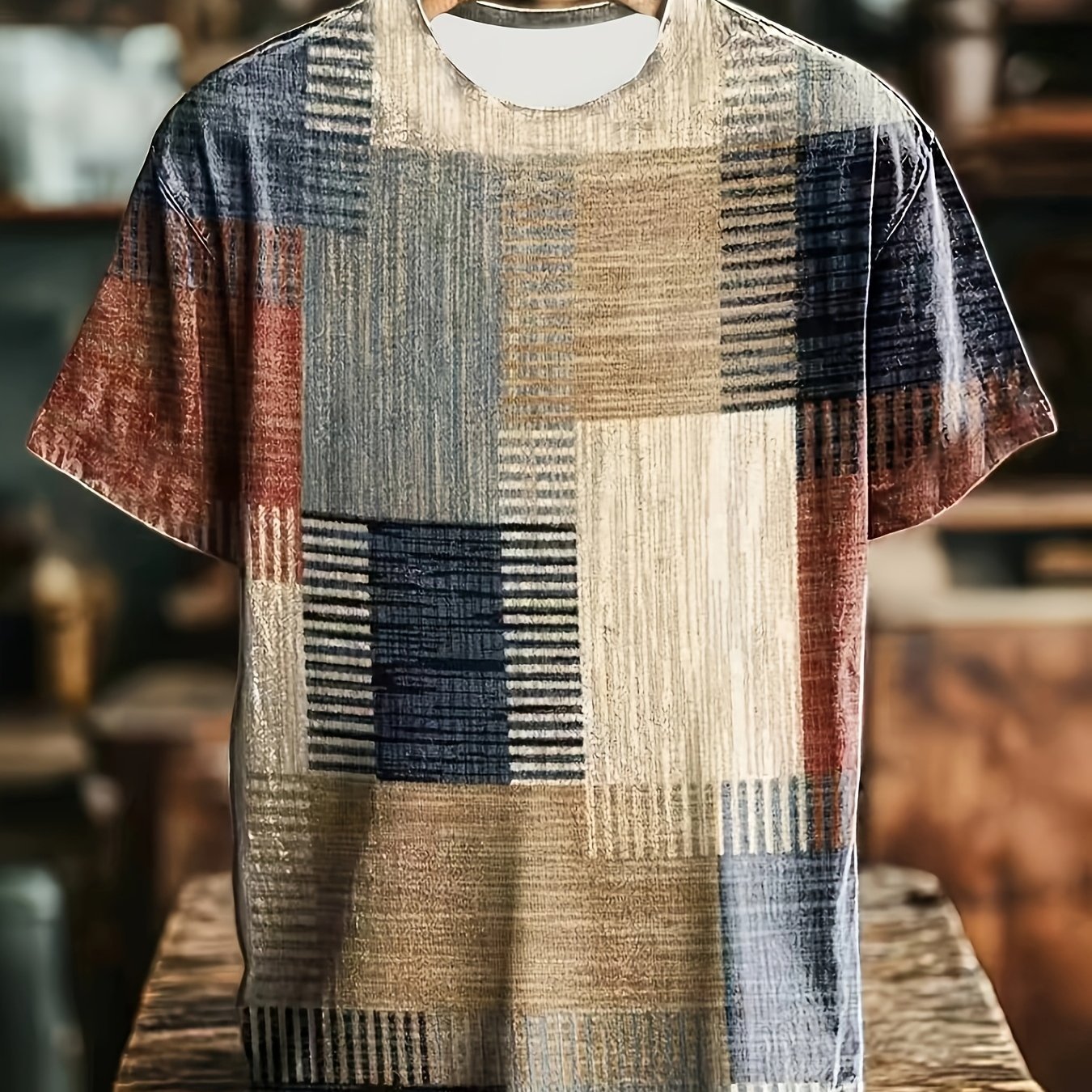 TEMU Men's Vintage Short-sleeve T-shirt - Distressed Color-block Full-body Print, Wrinkle-resistant Breathable Round Neck Tee Suitable For Daily