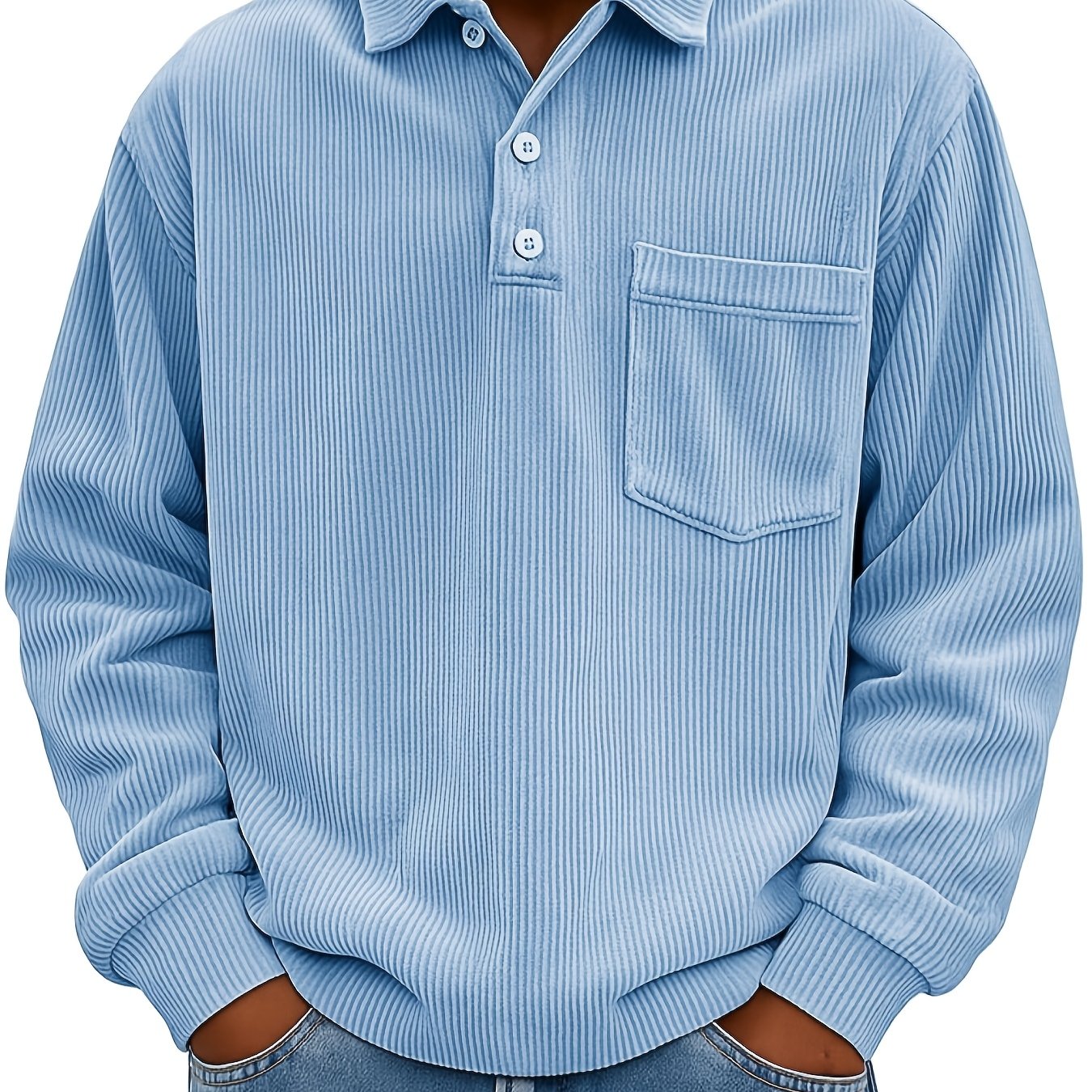 TEMU Men's Corduroy Long Sleeve Shirt, Half Casual Collared 3-button Henley Pullover Top, Vintage Textured Loose Fit Sweatshirt For Fall Daily Wear,