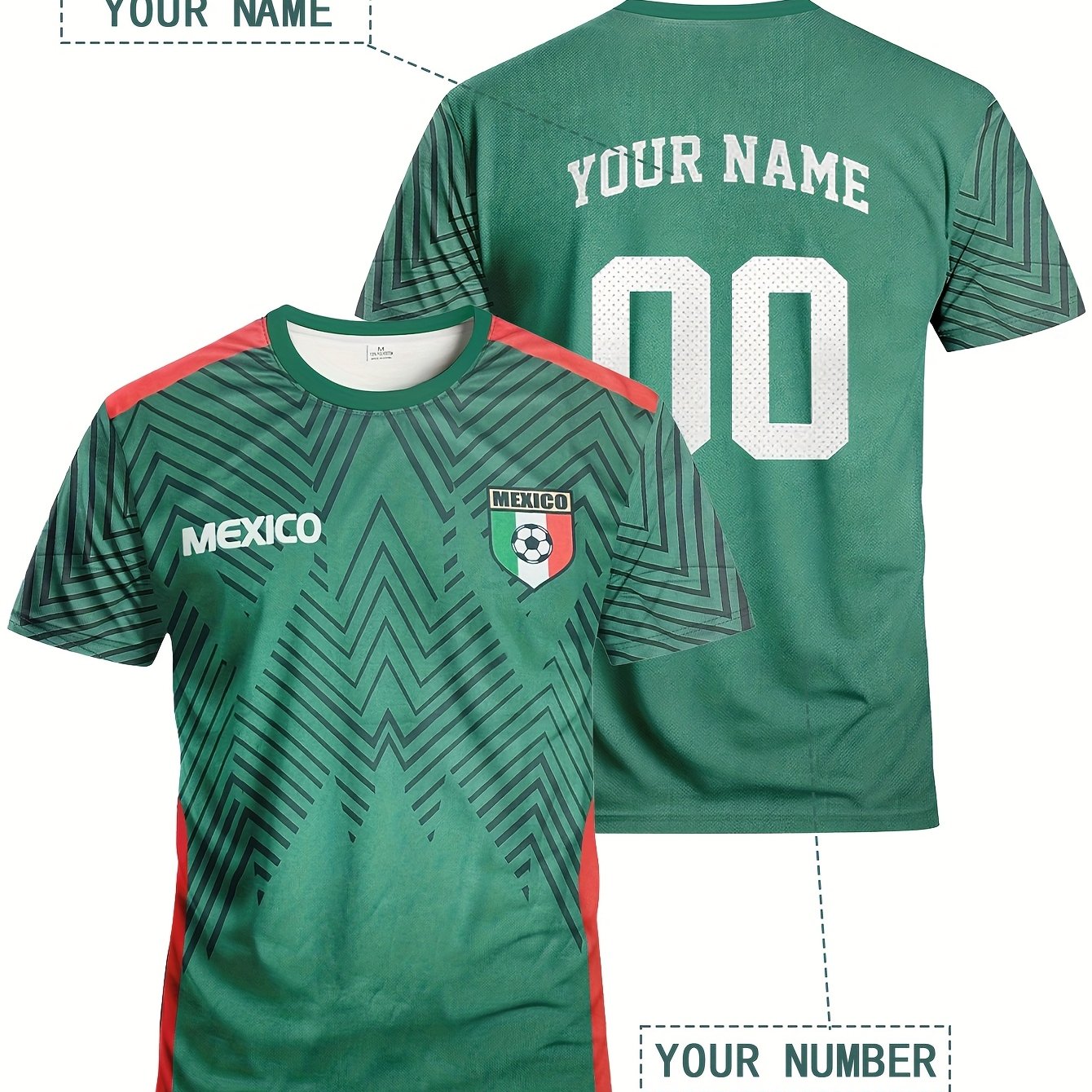 TEMU Mexican Custom Men's Youth Soccer Jersey & Diy Customizable Jersey Top & Suitable For Matches, Soccer Training, Daily Casual Wear, Holidays, And