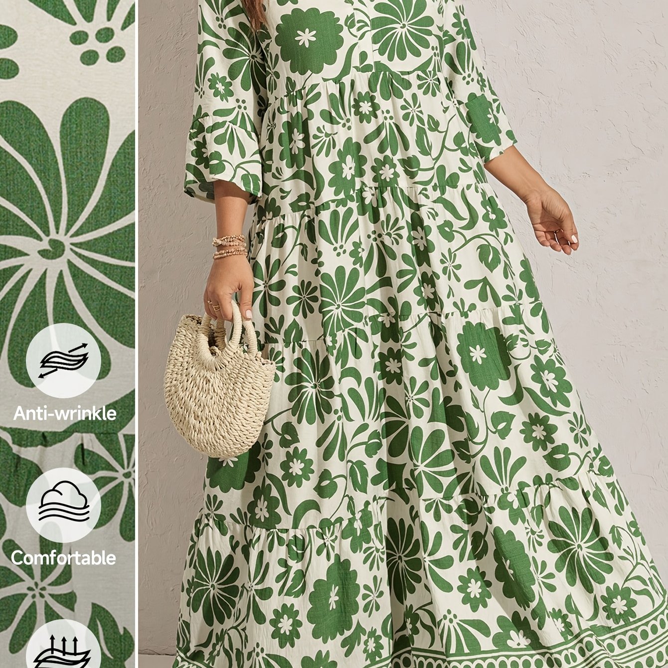 TEMU Plus Size - Plus Size - Plus Size Women's Printed Flared Sleeve Beach Dress