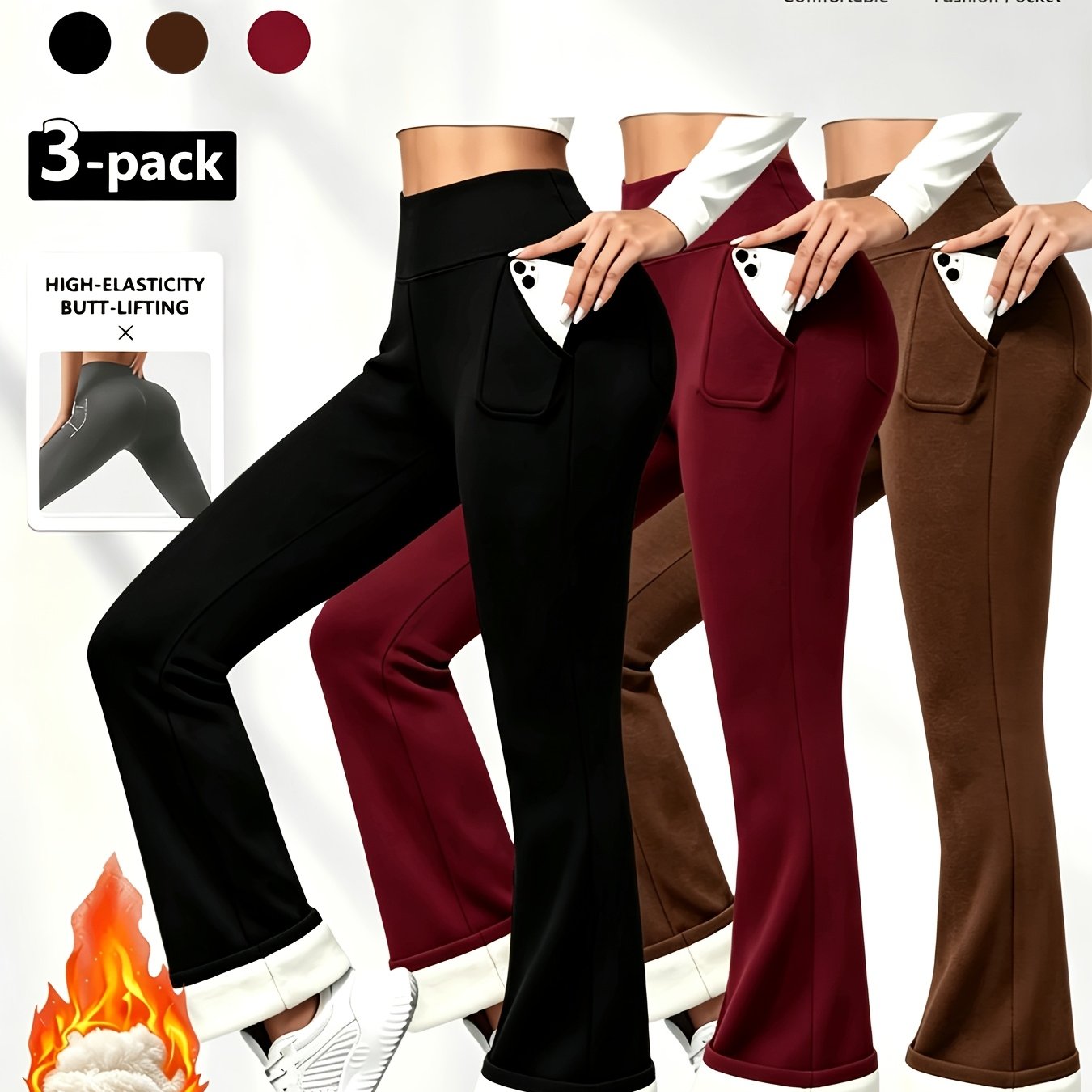 Image of 3-pack Fleece-lined High-waist Flare Pants With Side Pockets, Black Wine Thermal Warm Leggings