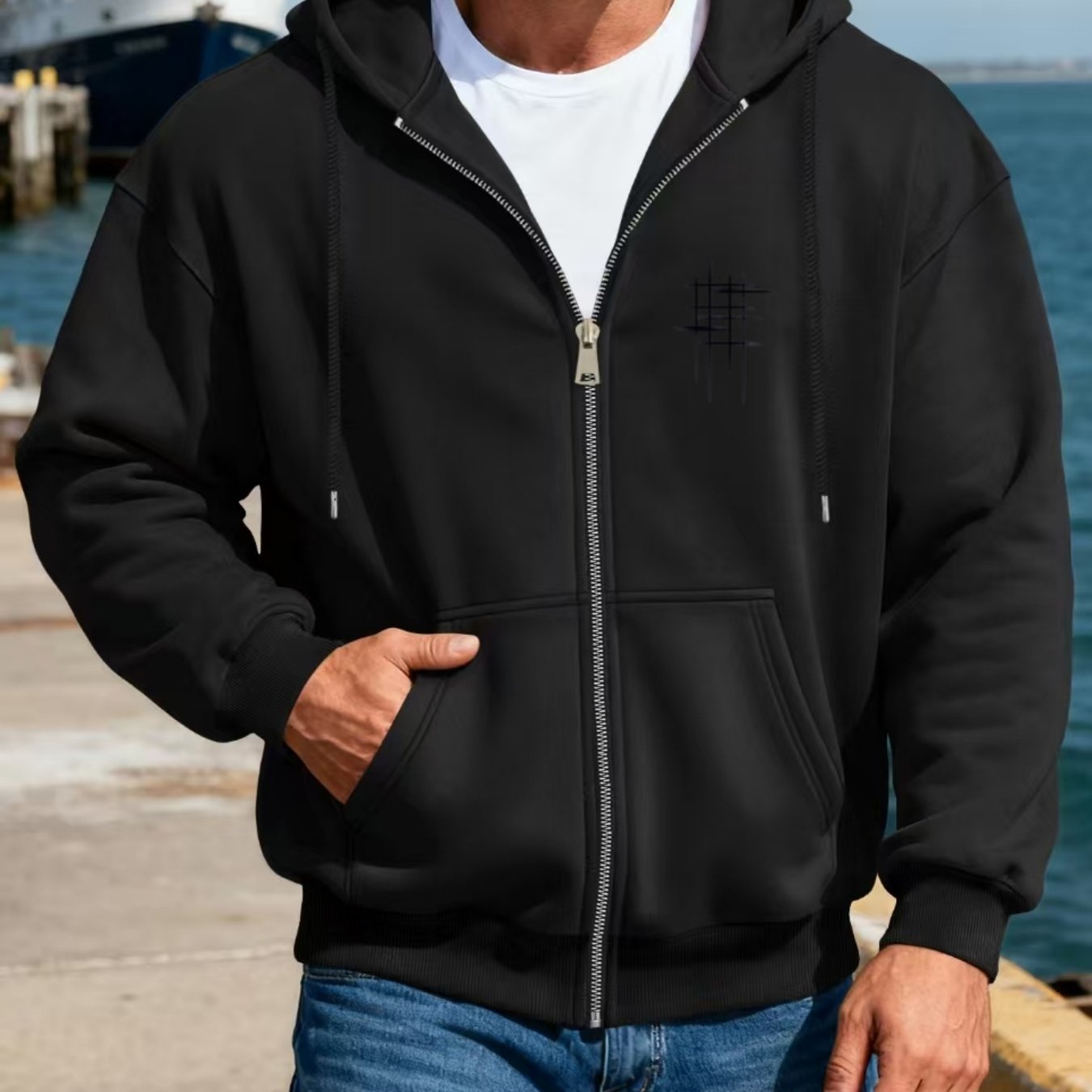 TEMU Men's Autumn Winter Casual Fashion Versatile Daily Loose Top Line Cross- Print Hooded Zipper Sweatshirt Commuter Cardigan Jacket