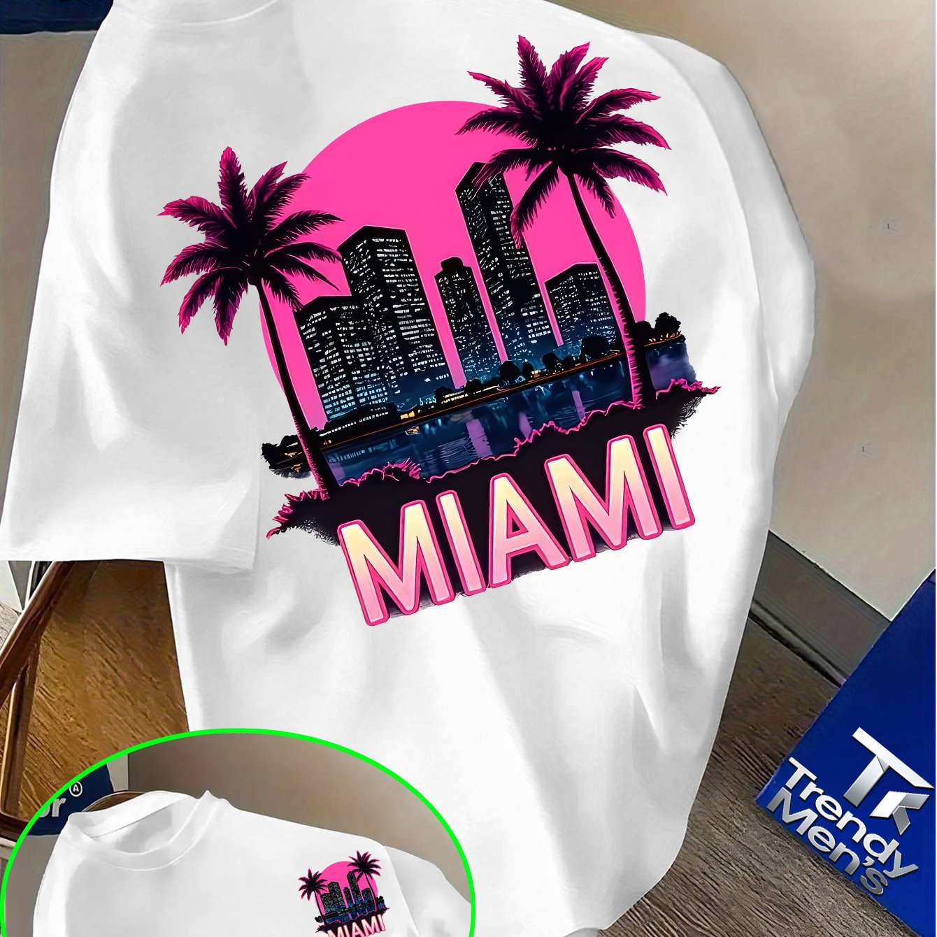 TEMU T-shirt tendance avec , article unique, police de fond dégradé rose et violet, imprimé silhouette MIAMI, un style de base dans les tenues de