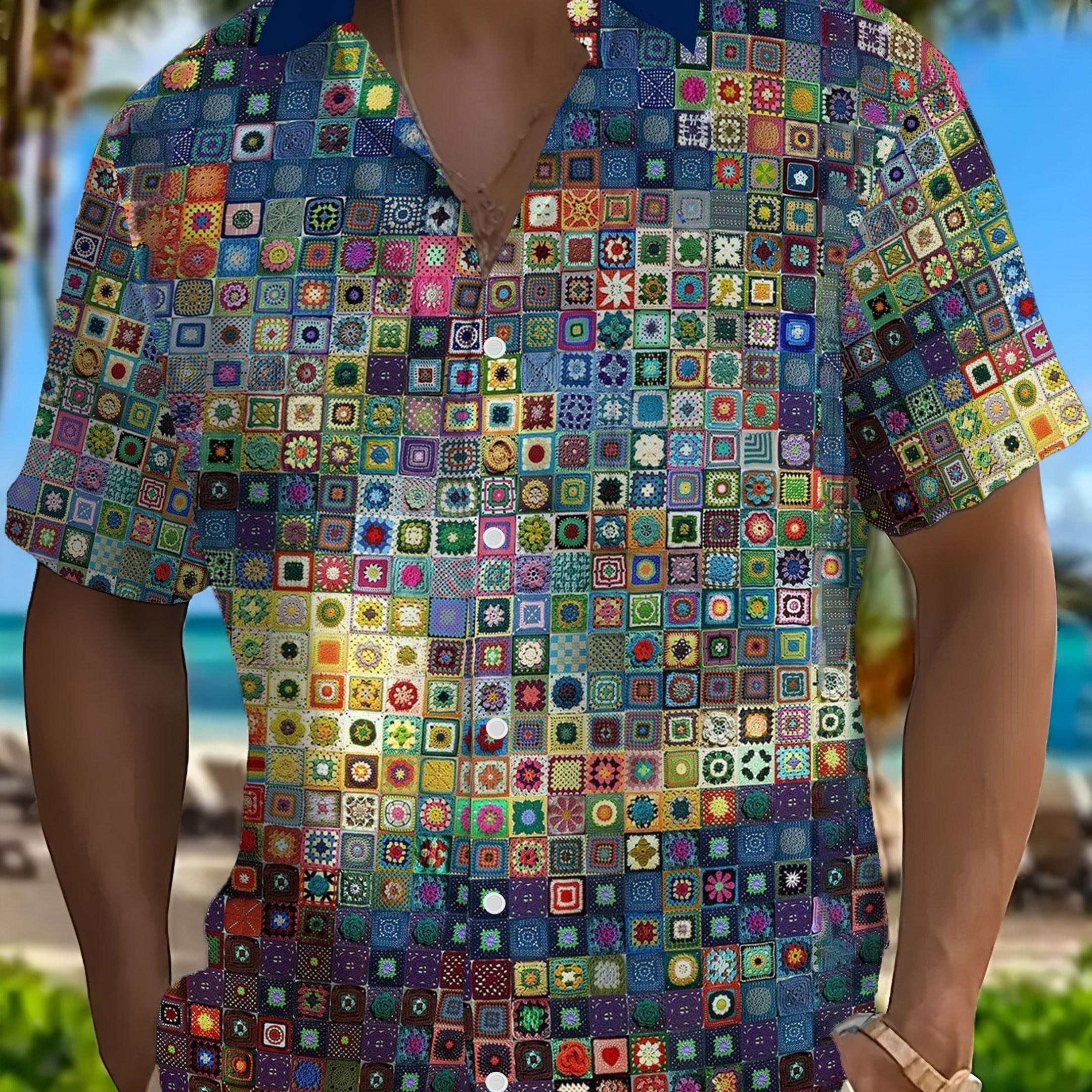 TEMU Fashionable Men's Shirt, 3d Print Series, Machine Washable, A Collared Shirt Covered In Square Patterns, Hawaiian Style, Stylish And Artistic,