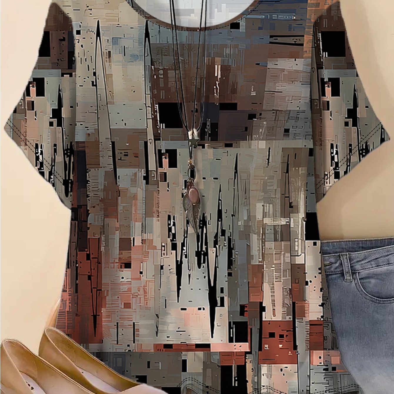 TEMU Plus Size, Women's Plus Size Oversized Stretch T-shirt - Loose Fit Round Neck Short Sleeve Blouse-compatible Top Suitable For Layering, Abstract
