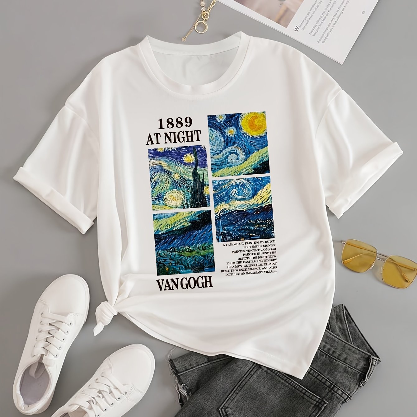 Women's Van Gogh Starry Night Art Print T-shirt - 1899 Inspired Graphic Tee, Breathable Short Sleeve Crew Neck Casual Top For Summer & Spring, Machine Washable, Artistic Apparel | Celebratory Design |