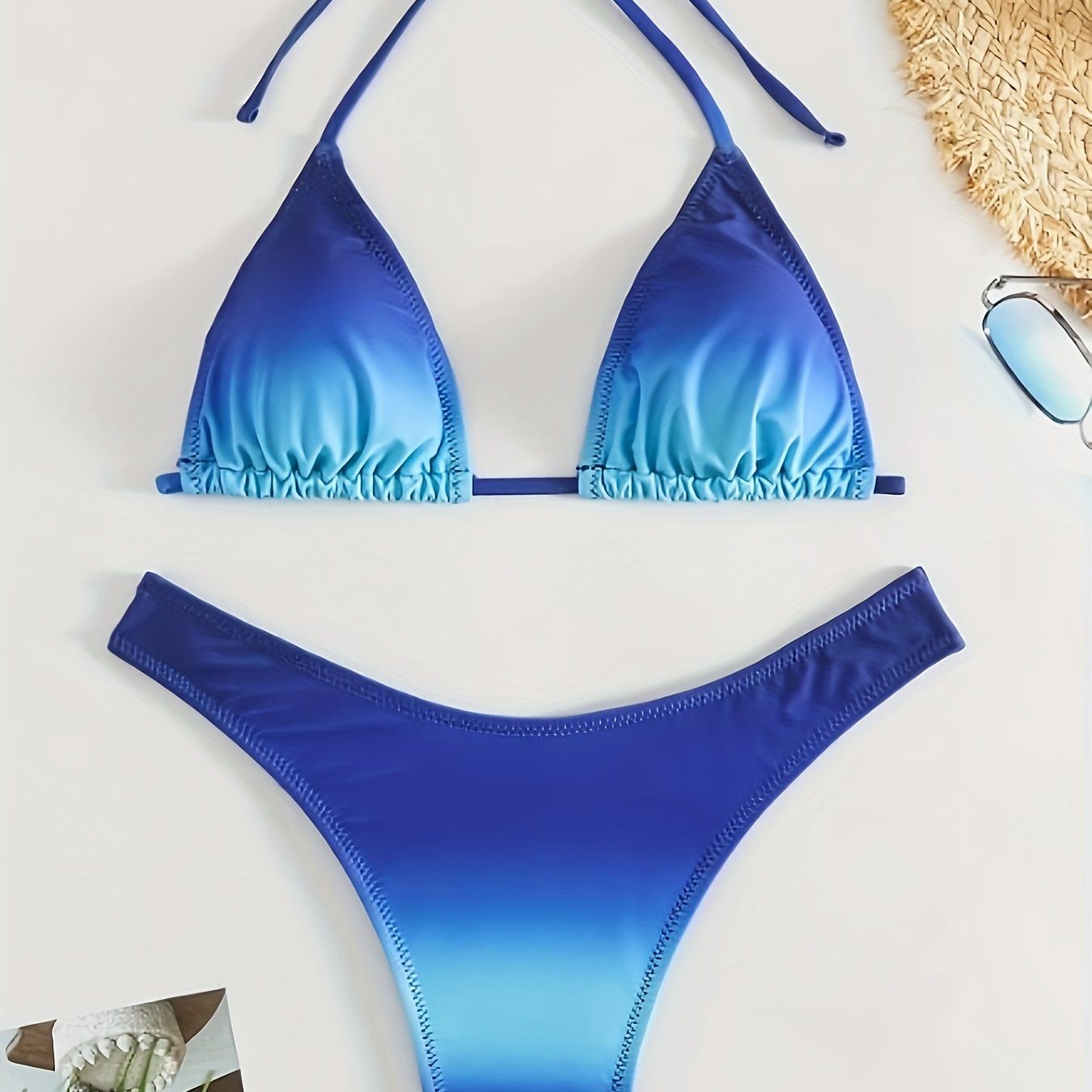 TEMU Conjunto De Bikini De 2 Piezas Con Triángulo Ombre, Trajes De Baño De Cuello Halter Con Corte Alto, Ropa De Baño Y Ropa Para Mujer.