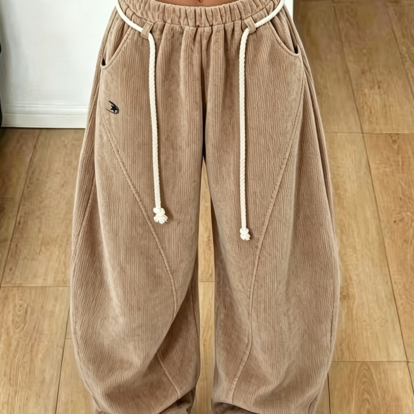 TEMU Street Style Low-rise Trendy Versatile Solid Color Women's Long Pants Loose Floor-length Drawstring Design Elastic Waist Side Pocket Harem Pants